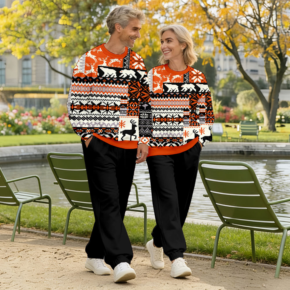 Valentine's Day Orange & Black Color Matching Vintage Printed Long Sleeved Sweatshirt & Sweatpant Two-Piece Set