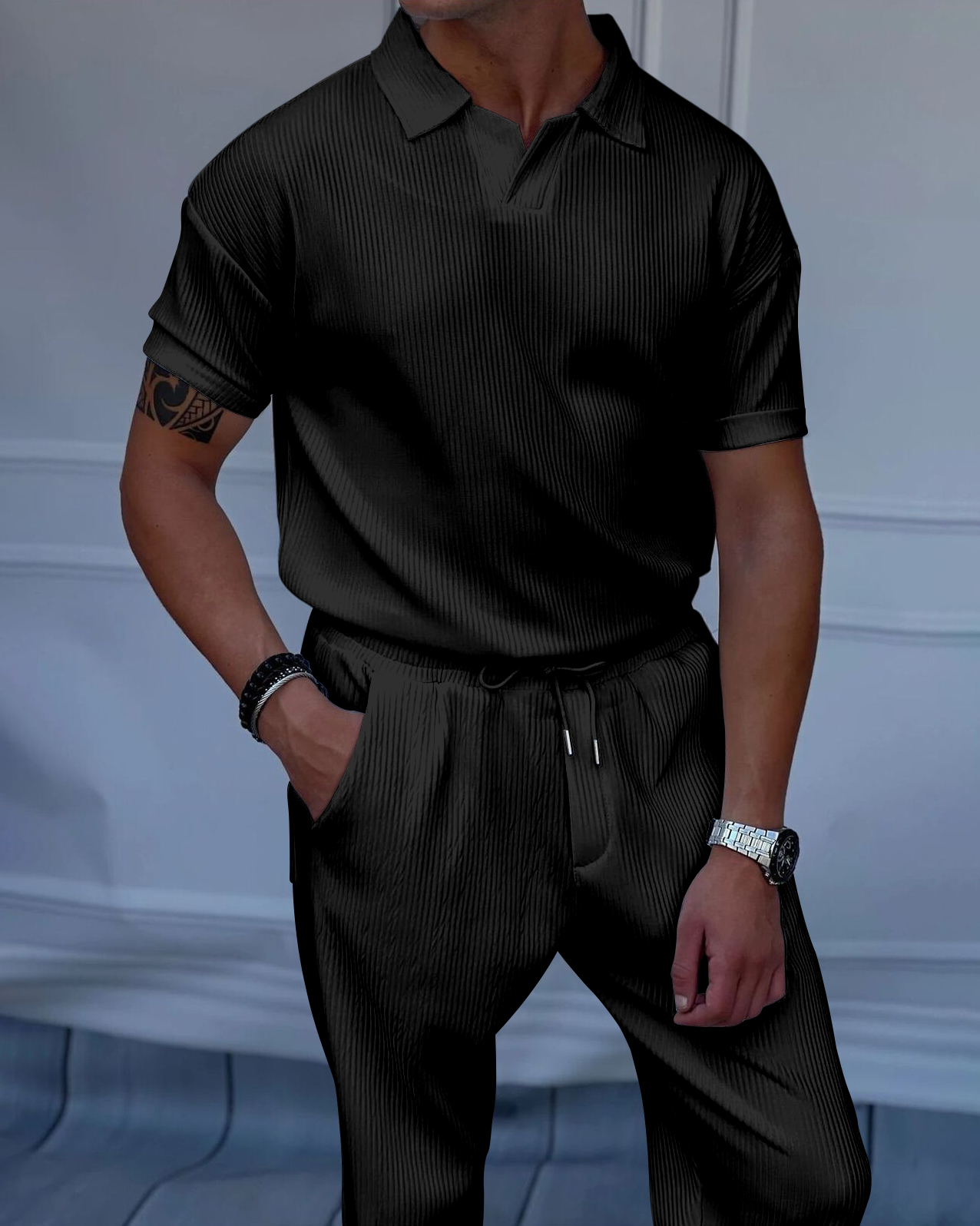 Men's Luxury Casual Textured Polo Short Sleeve Suit - 094