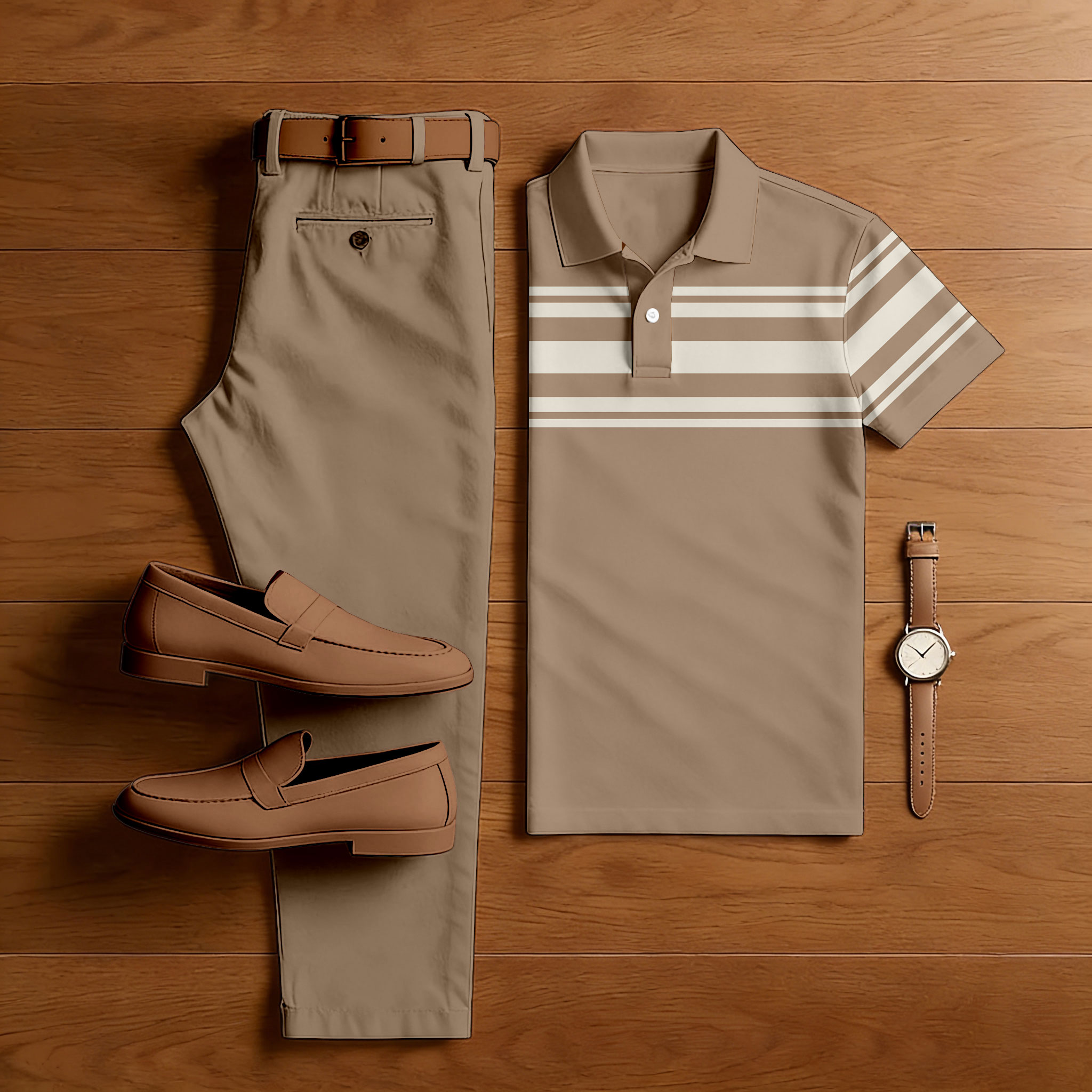 Men's Casual Khaki Color Matching Striped Printed Short Sleeved Polo Shirt & Trousers Two-Piece Set