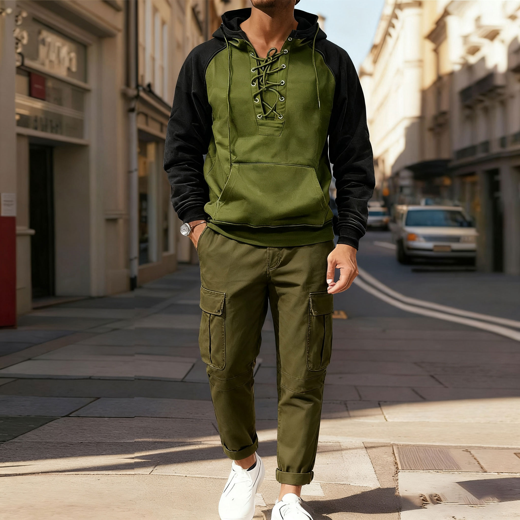 Men's Casual Color Matching Stand-Collar Zipper Long Sleeved Hoodies