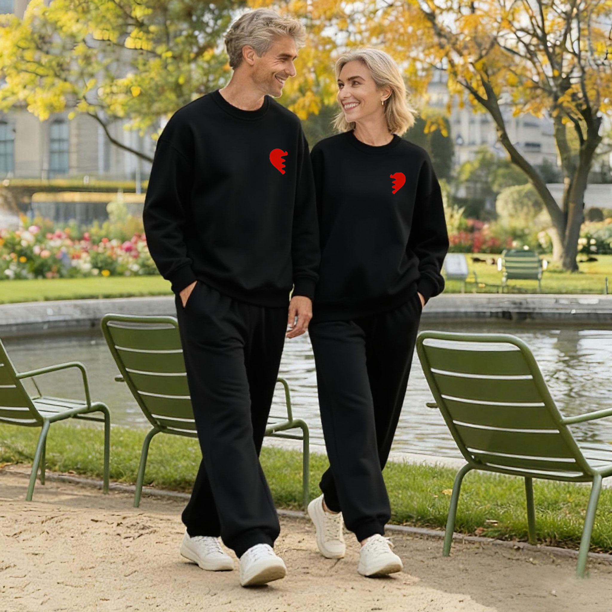 Valentine's Day Black & Red Heart Color Matching Long Sleeved Sweatshirt & Sweatpant Two-Piece Set