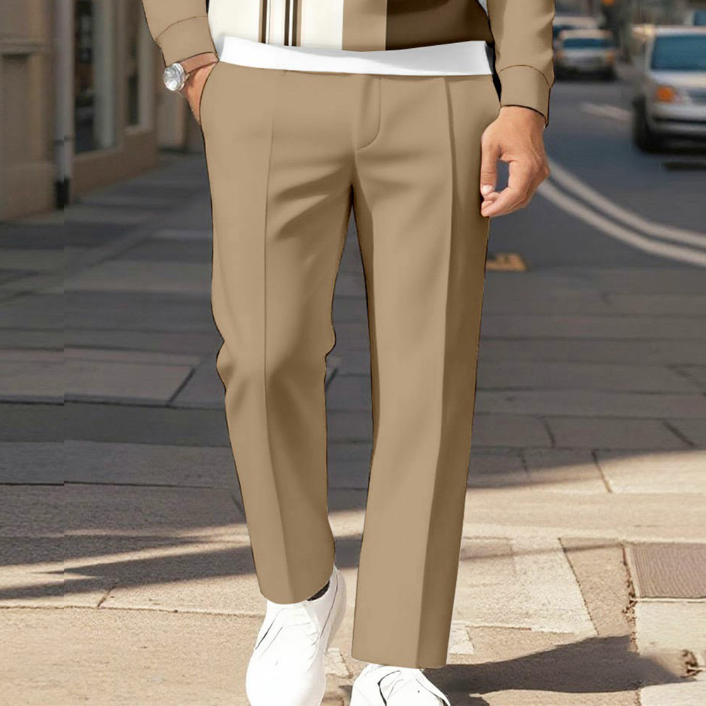 Men's Casual Khaki Color Matching Geometric Printed Polo-Collar Zipper Long Sleeved Trousers Two-Piece Set 1218