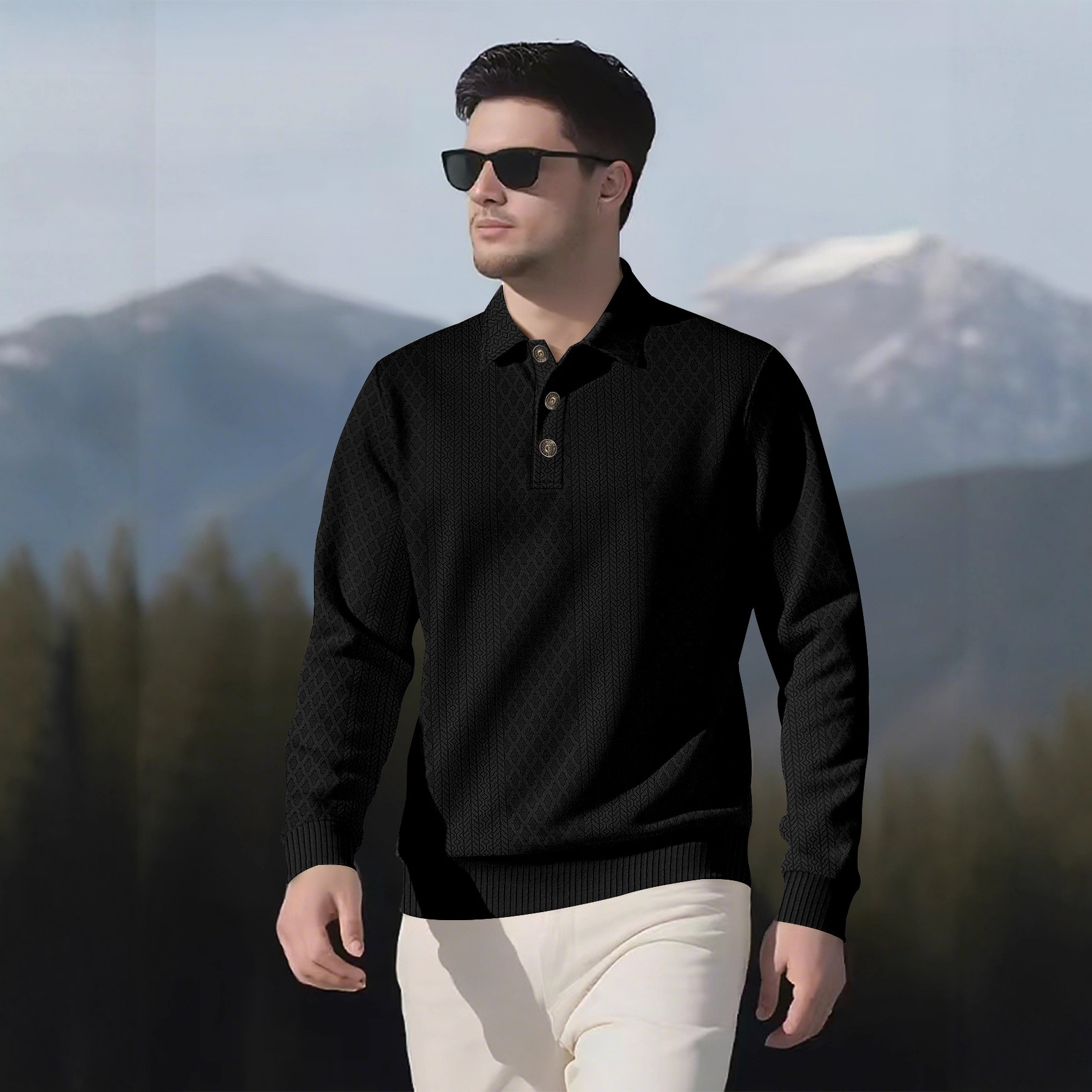 Men's Casual Solid Color Lapel-Collar Long Sleeved Jacquard Polo Shirts