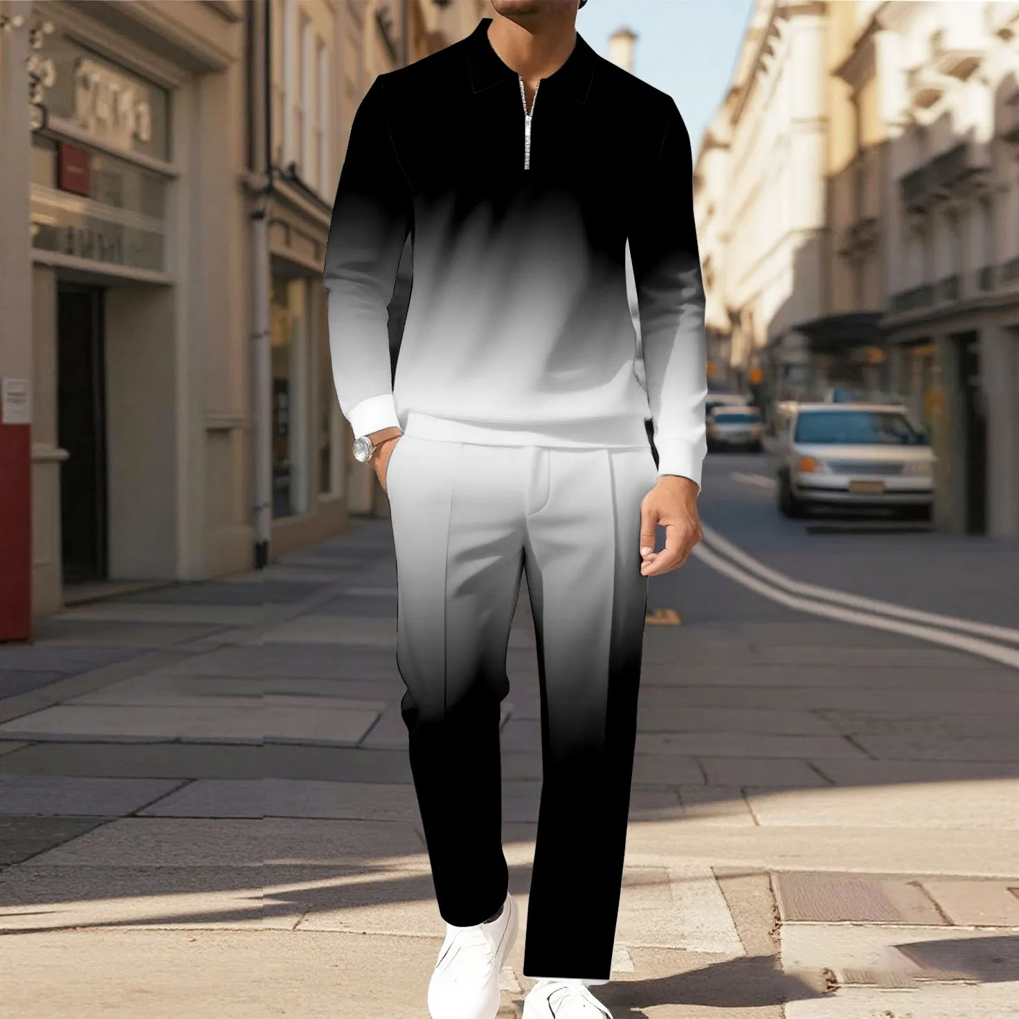 Men's Casual Color Matching Printed Polo-Collar Zipper Long Sleeved Trousers Two-Piece Set