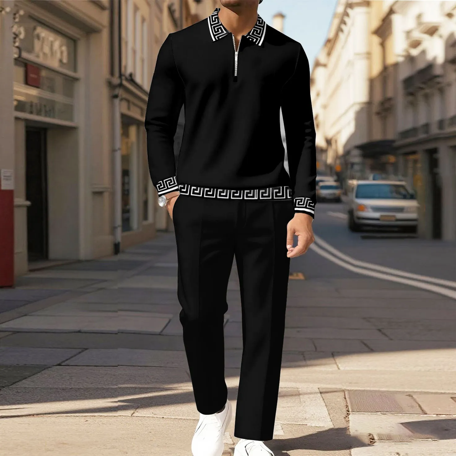 Men's Casual Color Matching Printed Polo-Collar Zipper Long Sleeved Trousers Two-Piece Set