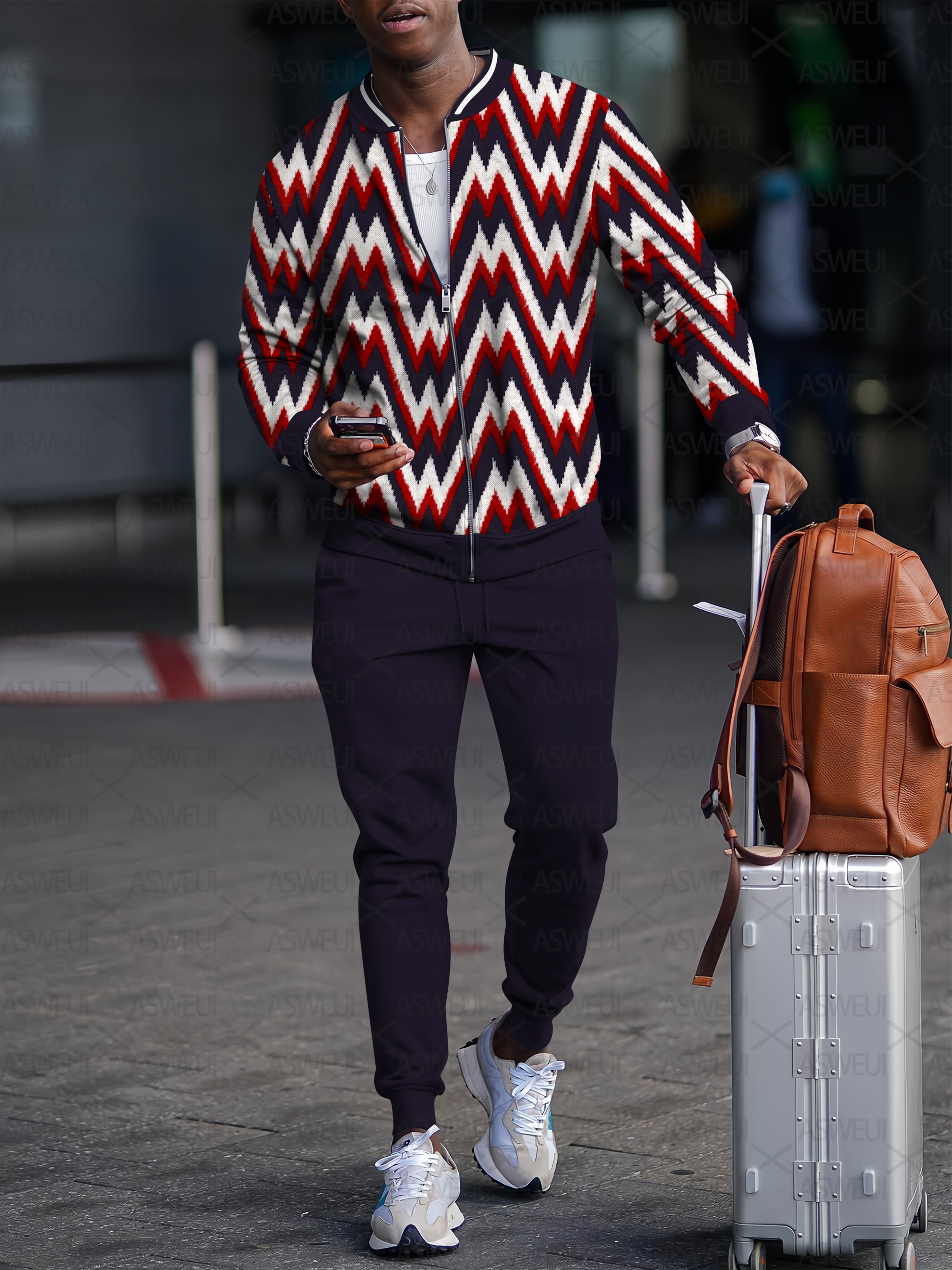 Men's fashion casual geometric print zipper jacket set