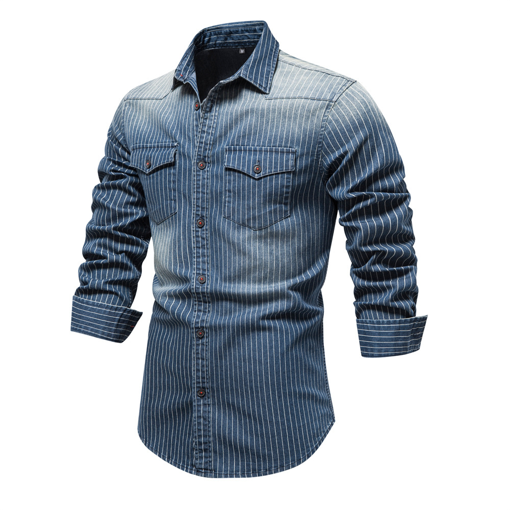 Men's Washed Distressed Striped Denim Shirts