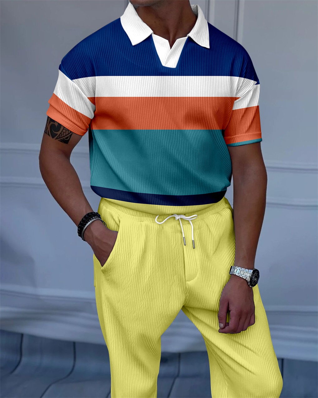 Men's Luxury Casual Textured Polo Short Sleeve Suit - 079