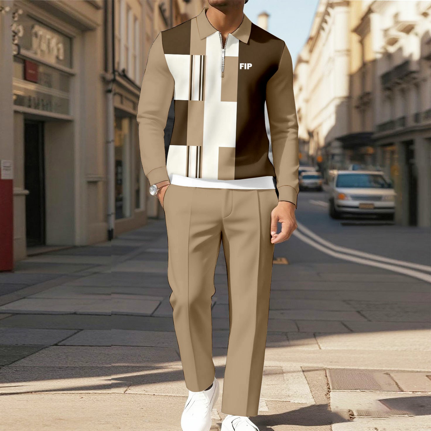 Men's Casual Khaki Color Matching Geometric Printed Polo-Collar Zipper Long Sleeved Trousers Two-Piece Set 1218