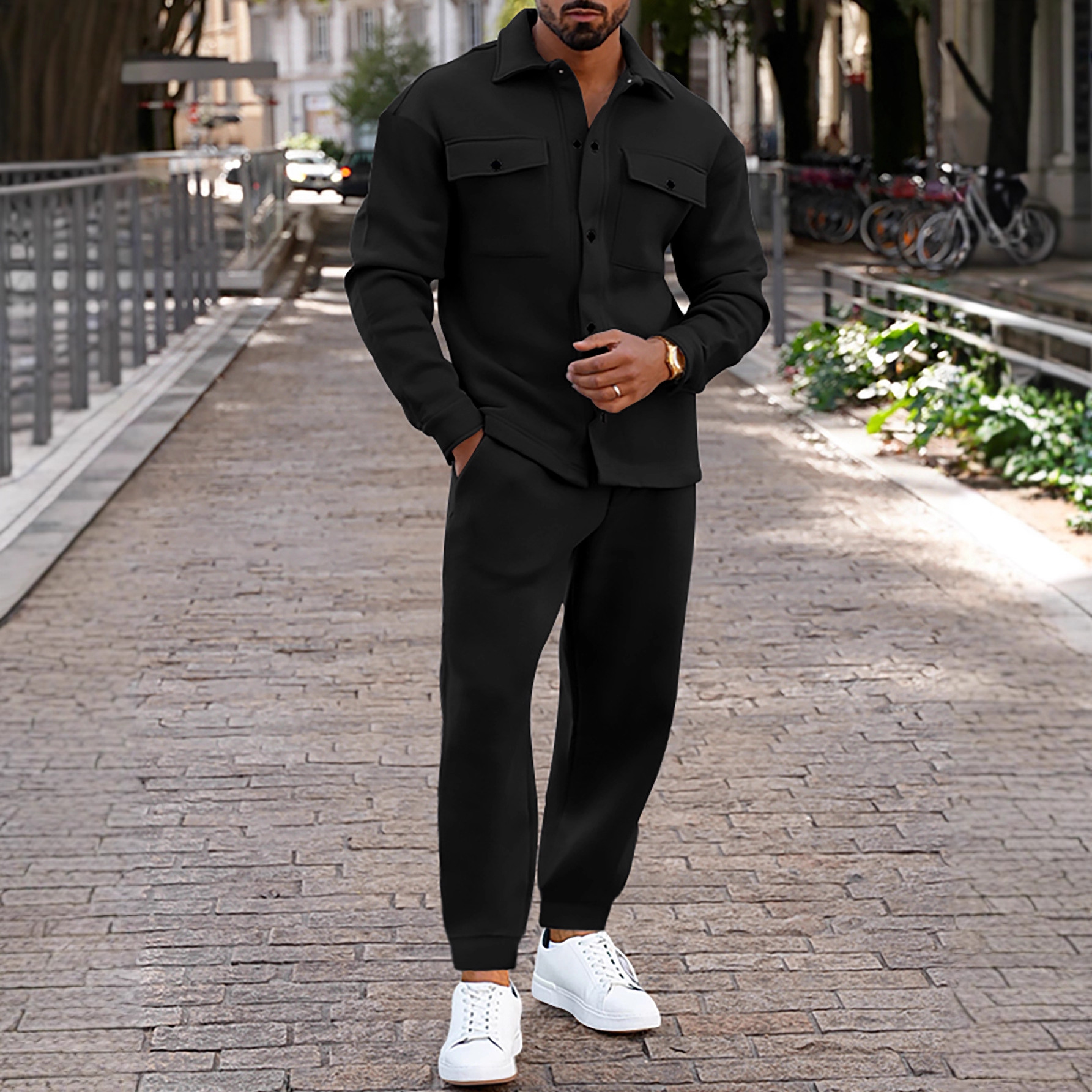 Men's Casual Color Matching Lapel-Collar Long Sleeved Trousers Two-Piece Set