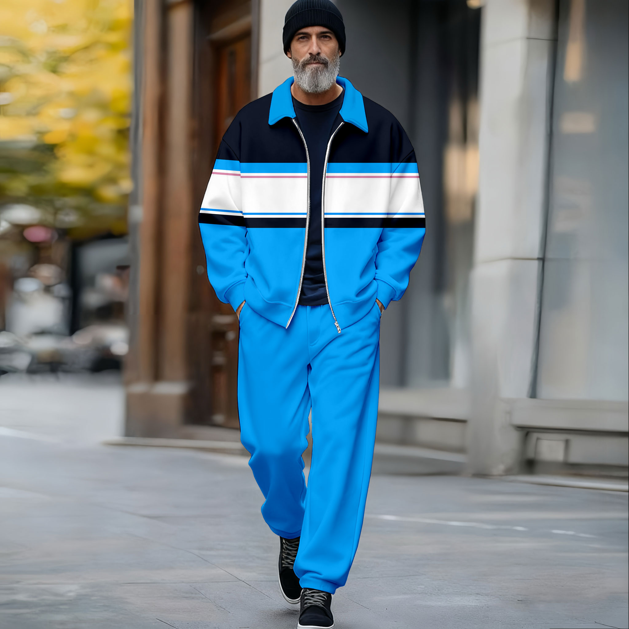 Men's Casual Blue Color Matching Striped Printed Lapel-Collar Long Sleeved Trousers Two-Piece Set