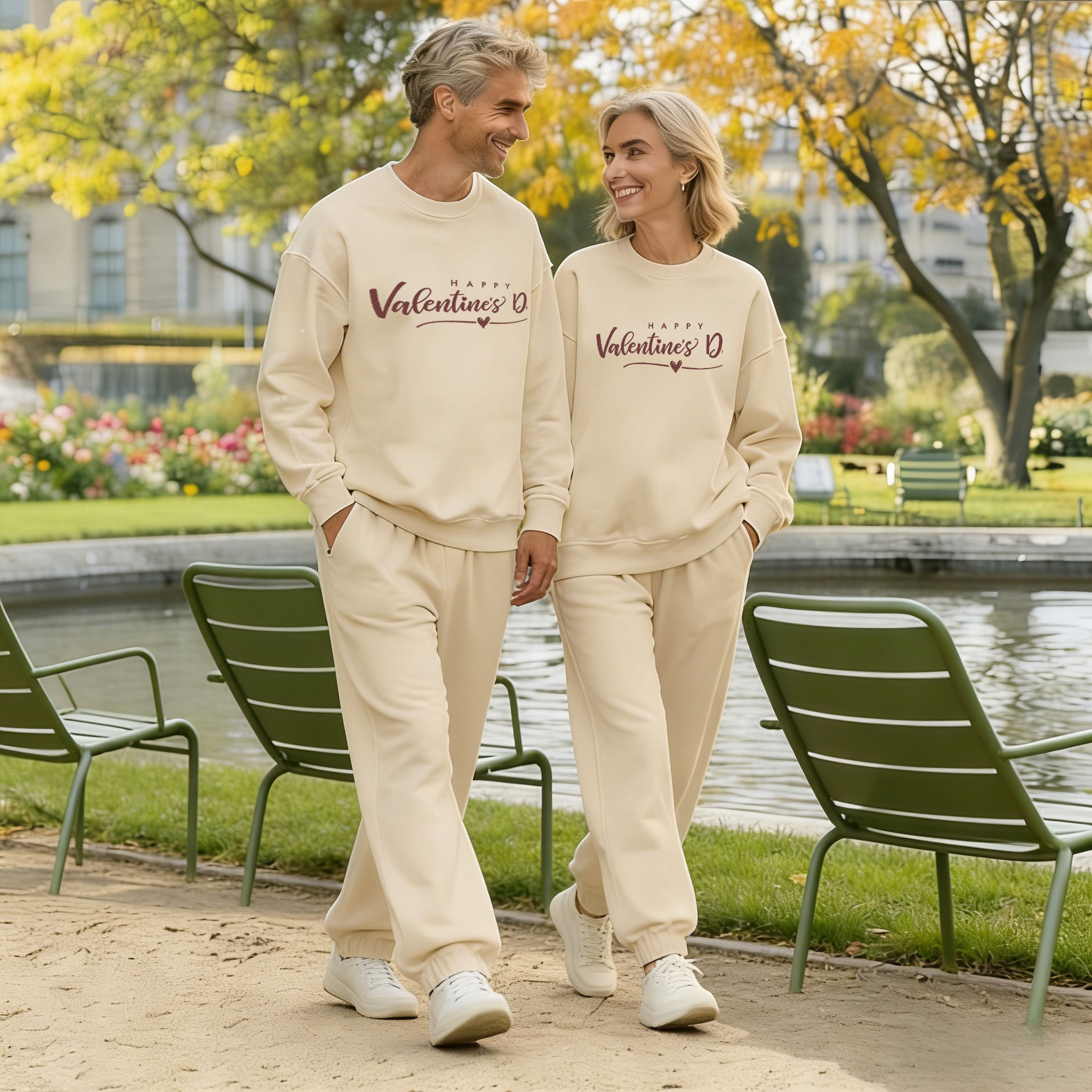 Valentine's Day Apricot Color Matching Long Sleeved Sweatshirt & Sweatpant Two-Piece Set