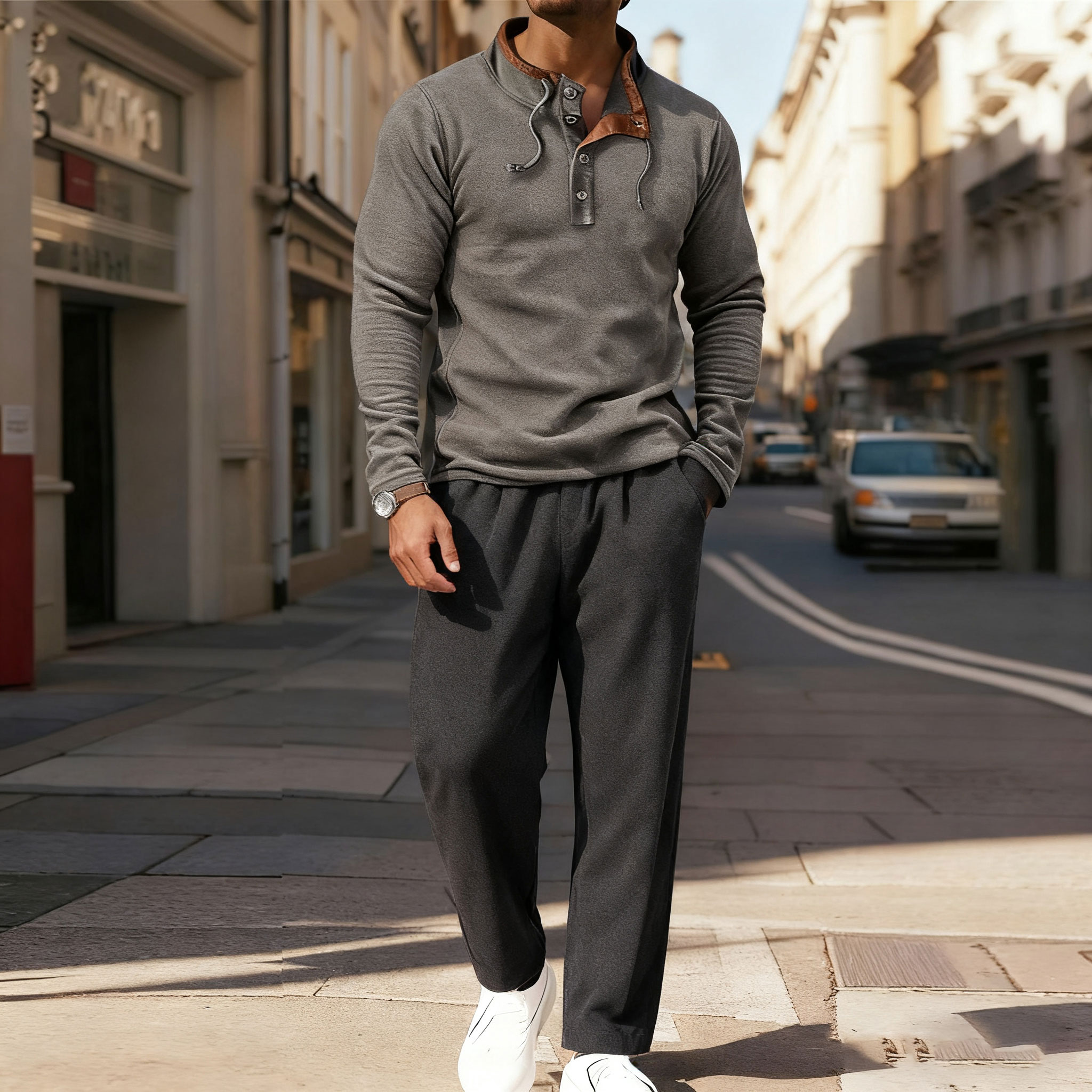 Men's Casual Color Matching Printed Stand-Collar Zipper Long Sleeved Sweatshirt