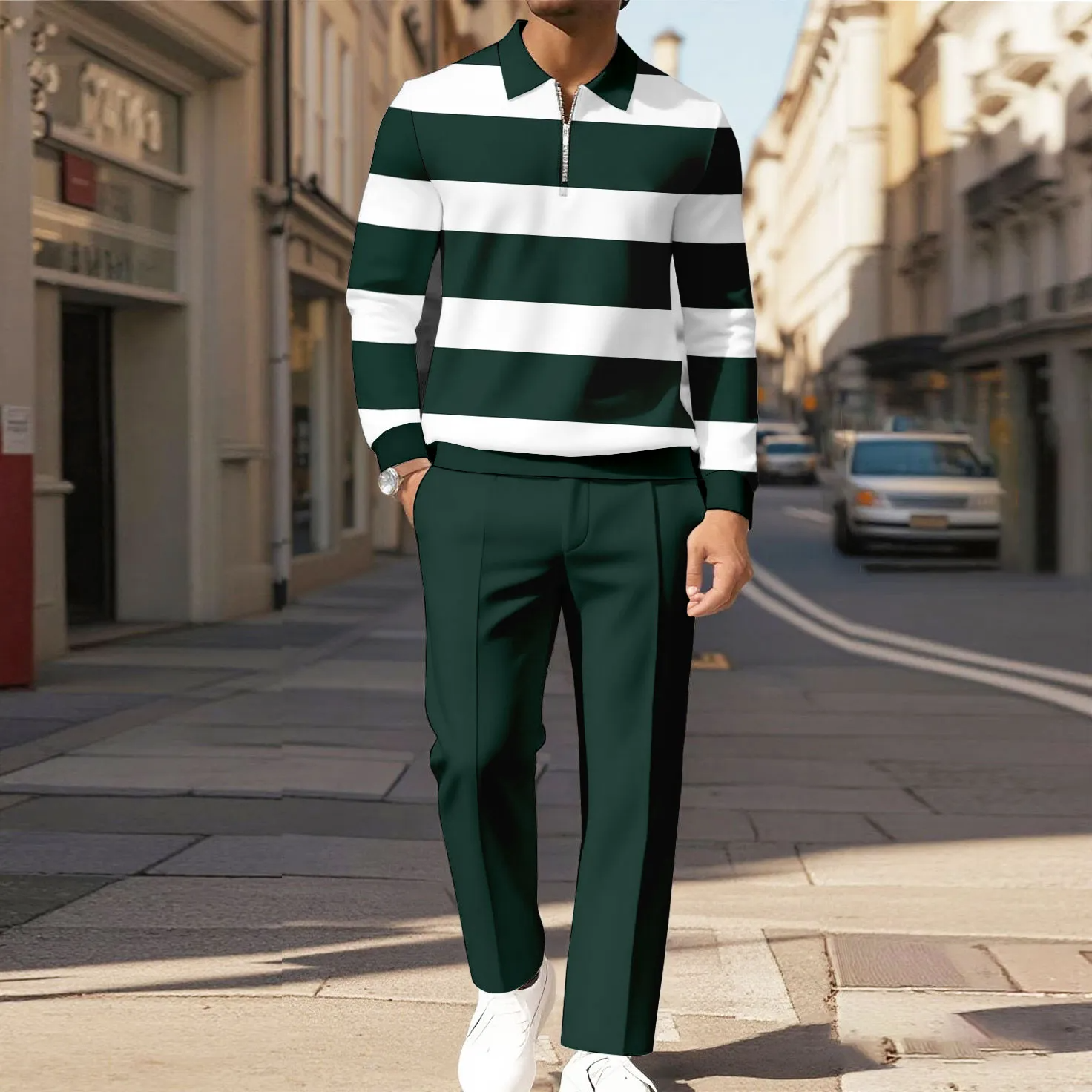 Men's Casual Color Matching Printed Polo-Collar Zipper Long Sleeved Trousers Two-Piece Set 9101