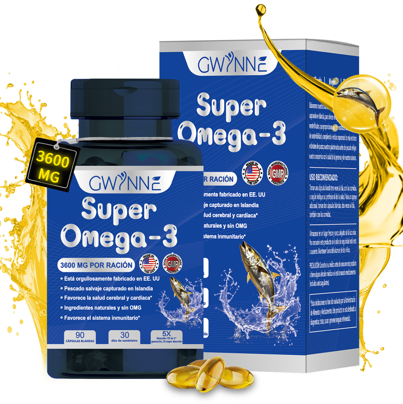 Gwynne Super Omega 3 Premium Aceite De Pescado 3600mg,pescado Salvaje De Islandia,salud Cerebral,salud Del Corazón,apoyo A La Salud De La Inflamación,apoyo A La Salud Del Colesterol, orégano 90Cápsul