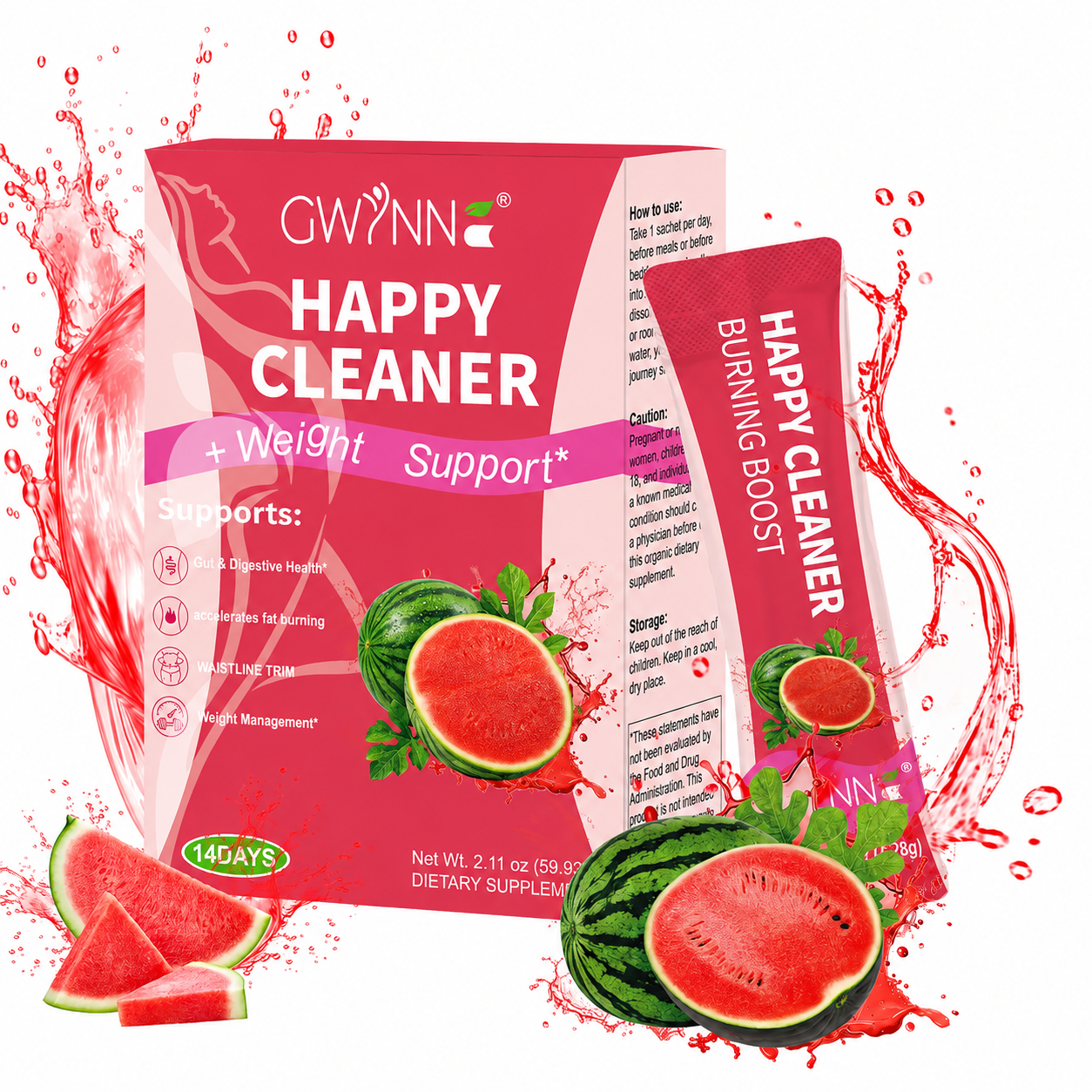 Gwynne Happy Cleaner Polvo Prebiótico Probiótico - Polvo De Mezcla De Sandía (14 Paquetes De Una Sola Porción) Con Frutas