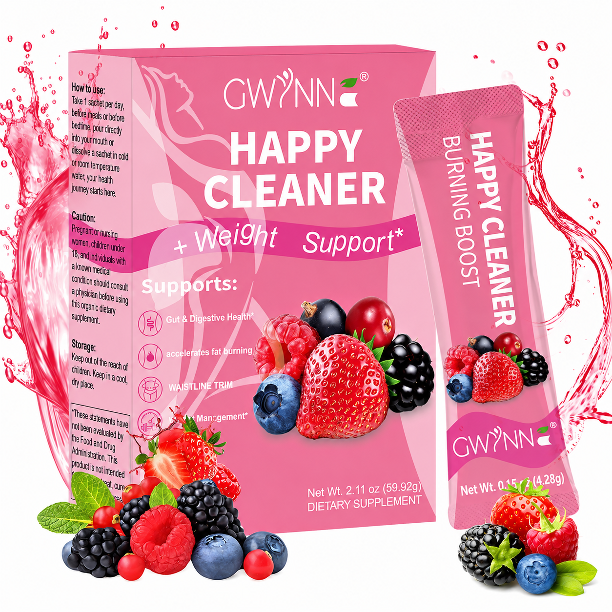 Gwynne Happy Cleaner Polvo Prebiótico Probiótico - Polvo De Mezcla De Bayas (14 Paquetes De Una Sola Porción) Con Frutas