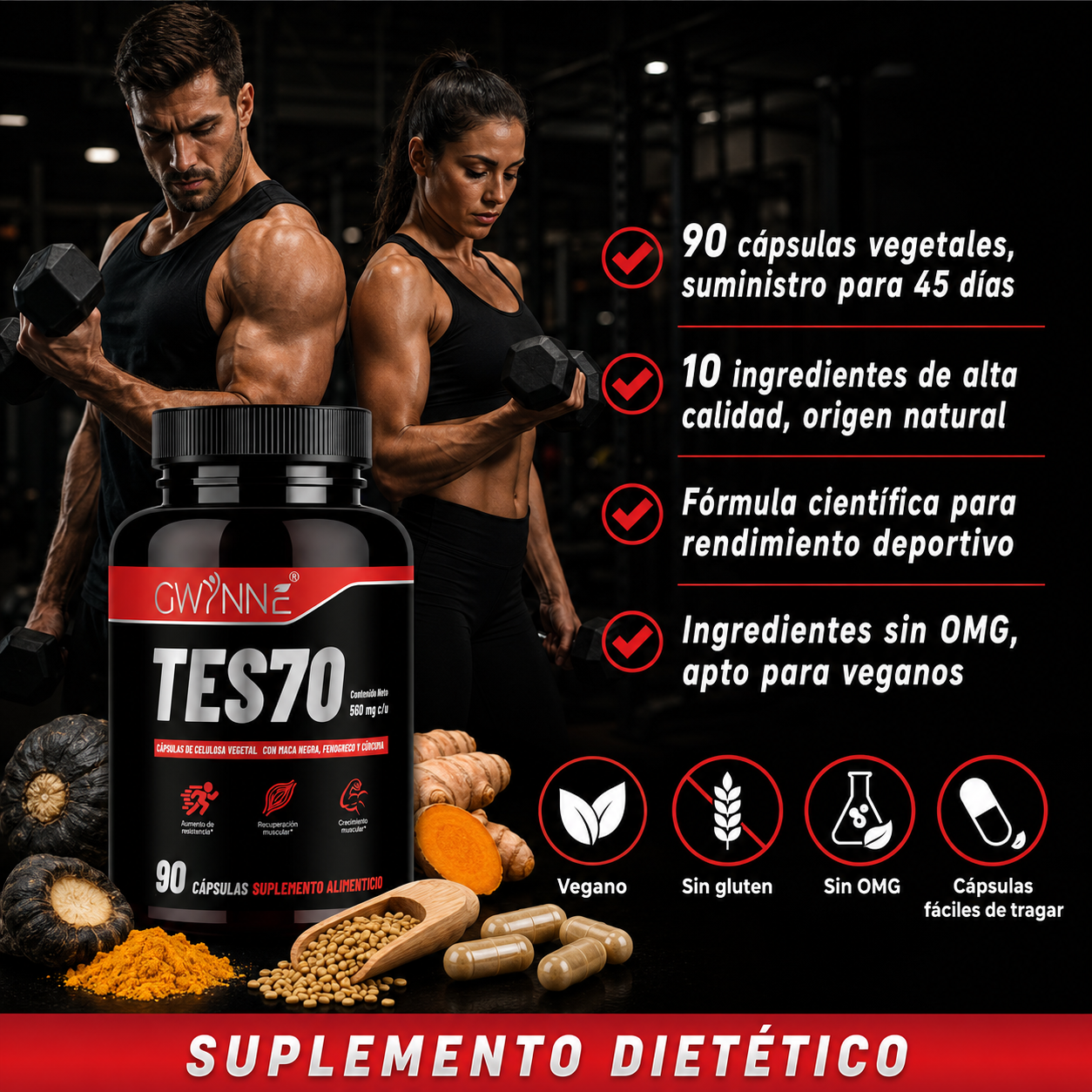 Gwynne Tes70 560mg Con Maca Negra,fenogreco,creatina Y Cúrcuma,aumento De Resistencia, Recuperación Muscular Y Crecimiento Muscular,90 Cápsulas