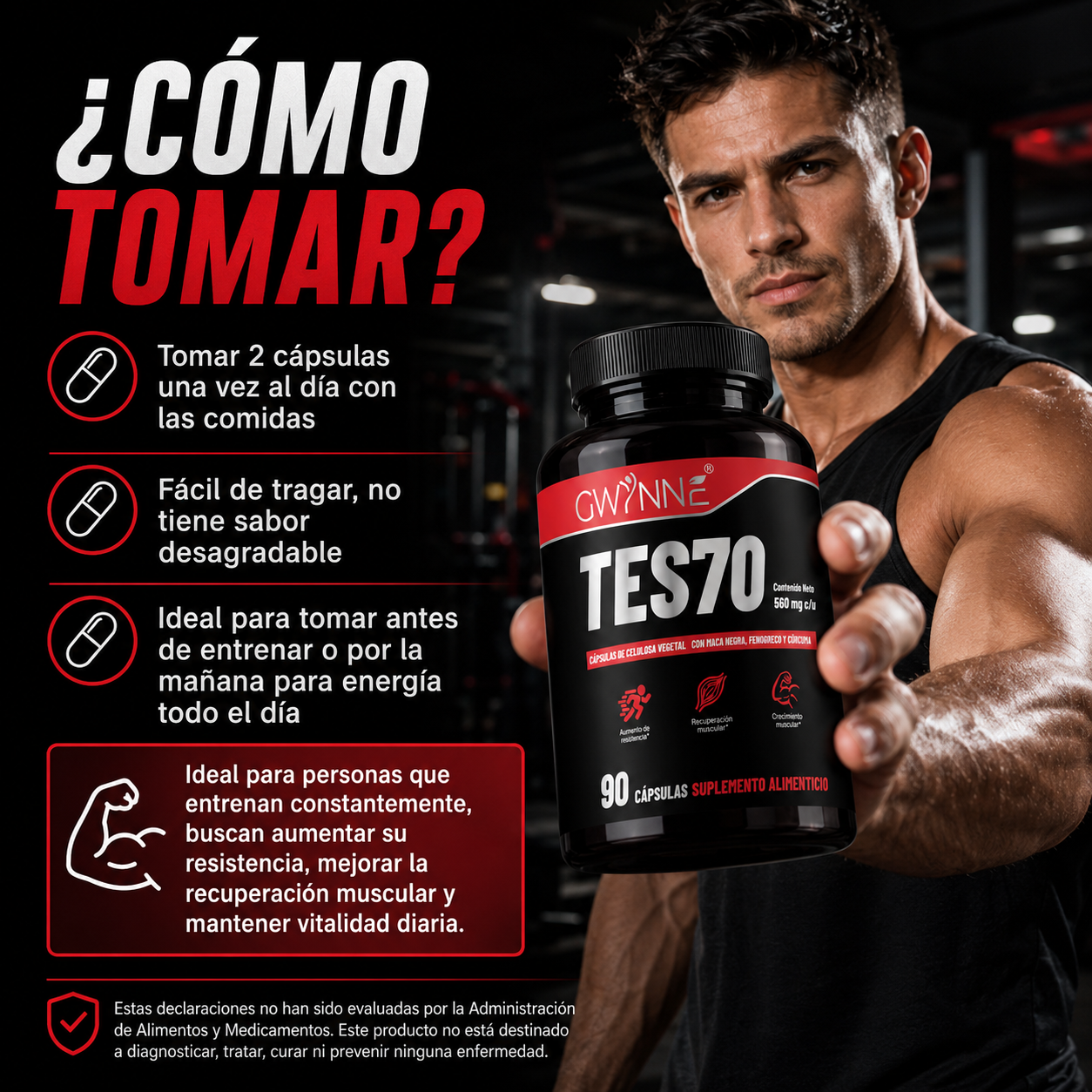 Gwynne Tes70 560mg Con Maca Negra,fenogreco,creatina Y Cúrcuma,aumento De Resistencia, Recuperación Muscular Y Crecimiento Muscular,90 Cápsulas