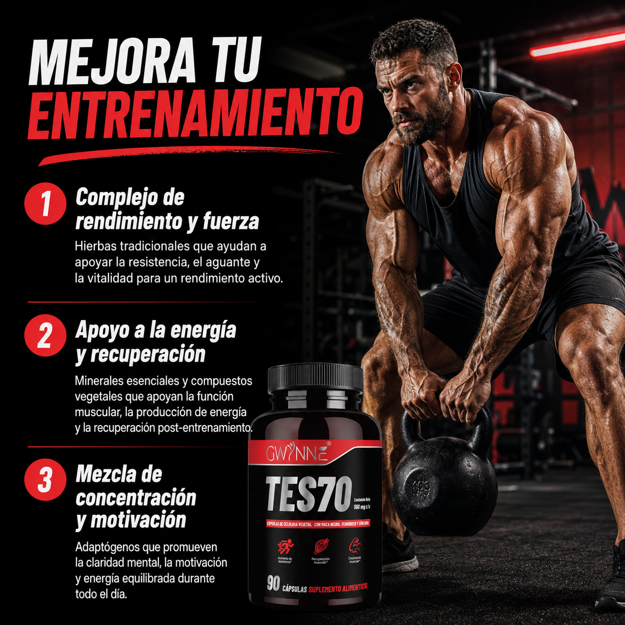 Gwynne Tes70 560mg Con Maca Negra,fenogreco,creatina Y Cúrcuma,aumento De Resistencia, Recuperación Muscular Y Crecimiento Muscular,90 Cápsulas