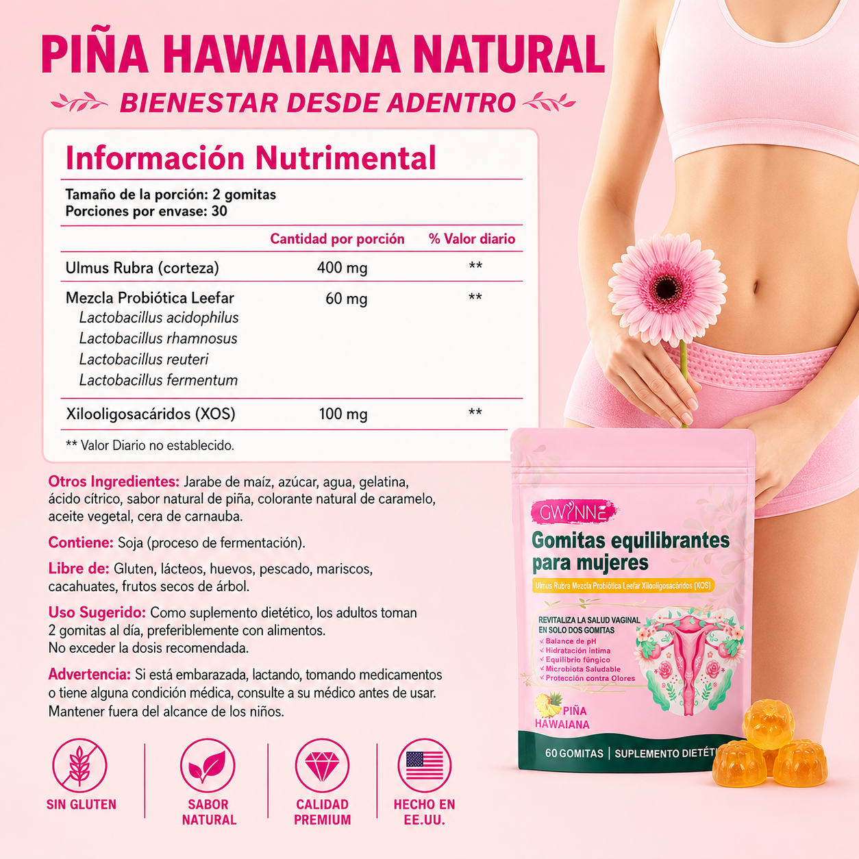 Gwynne Gomitas Probióticos Vaginales Y Balance Para Mujer, Sabor Piña Hawaiana, Soporta El Equilibrio Del Ph,60 Gomita