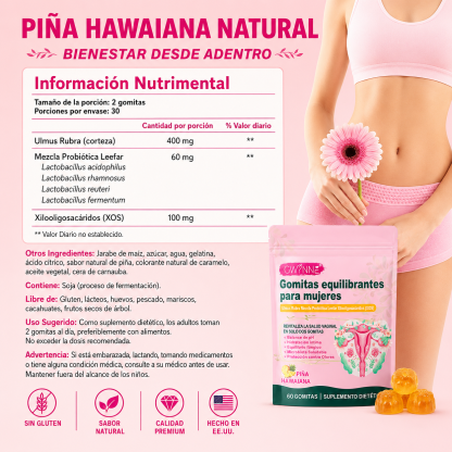 Gwynne Gomitas Probióticos Vaginales Y Balance Para Mujer, Sabor Piña Hawaiana, Soporta El Equilibrio Del Ph,60 Gomita