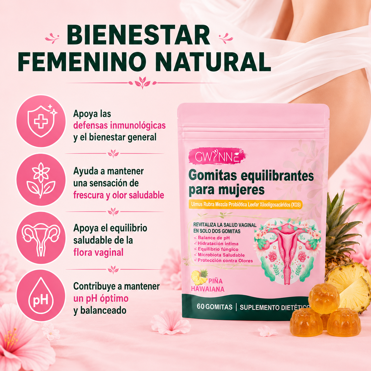 Gwynne Gomitas Probióticos Vaginales Y Balance Para Mujer, Sabor Piña Hawaiana, Soporta El Equilibrio Del Ph,60 Gomita
