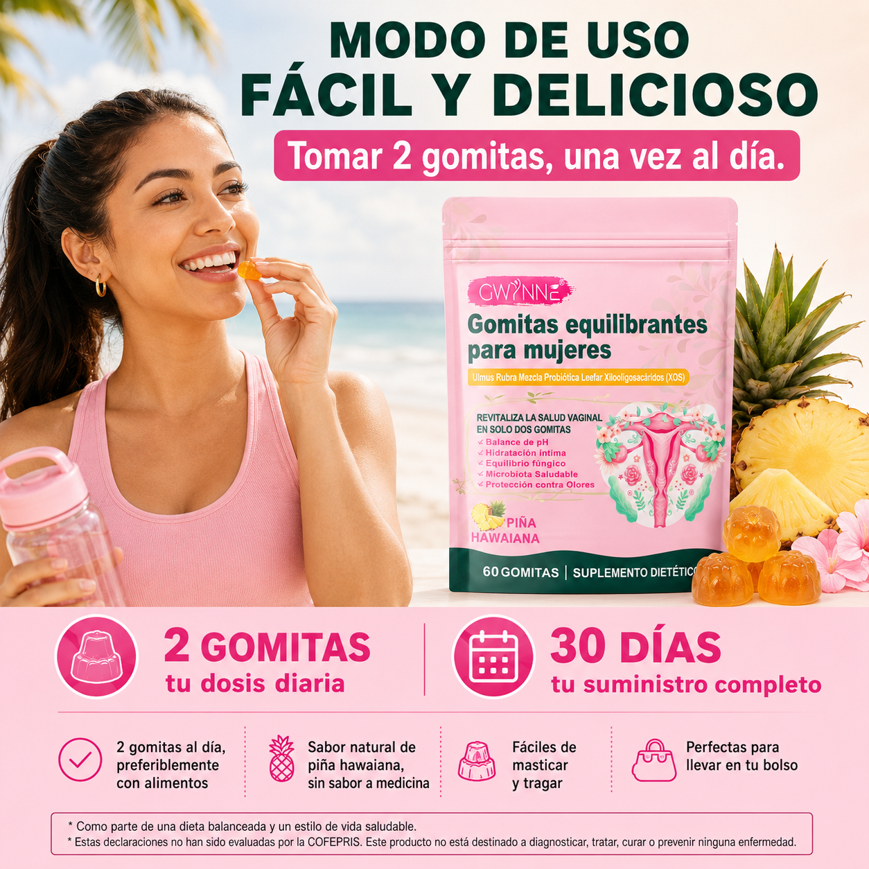 Gwynne Gomitas Probióticos Vaginales Y Balance Para Mujer, Sabor Piña Hawaiana, Soporta El Equilibrio Del Ph,60 Gomita
