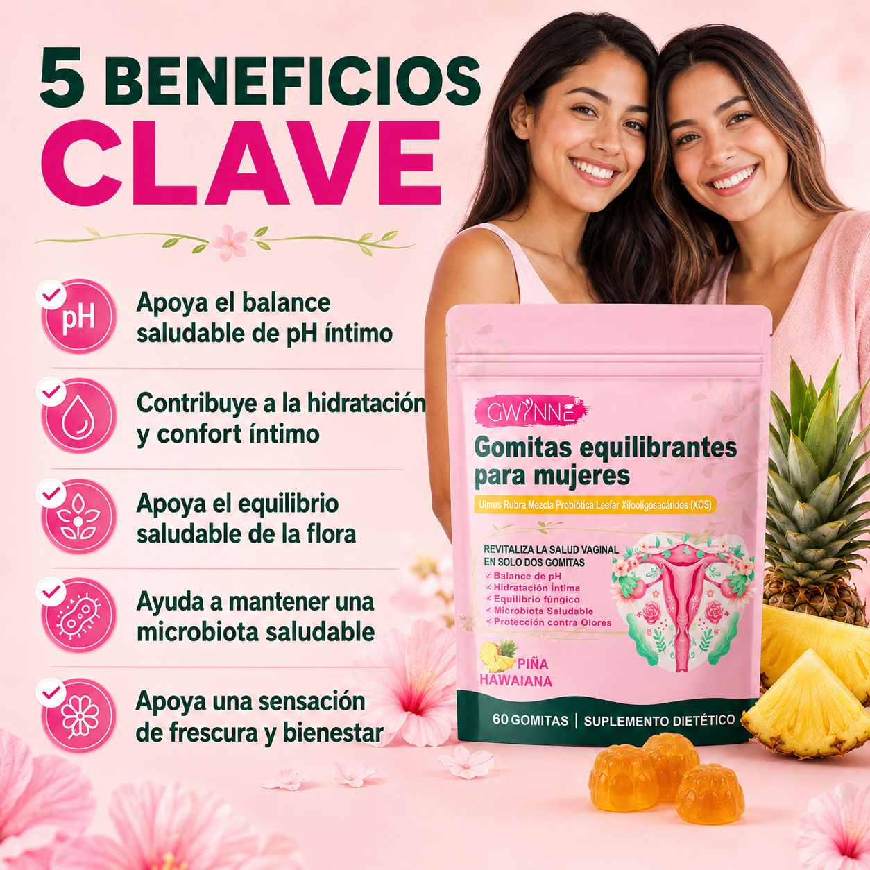 Gwynne Gomitas Probióticos Vaginales Y Balance Para Mujer, Sabor Piña Hawaiana, Soporta El Equilibrio Del Ph,60 Gomita