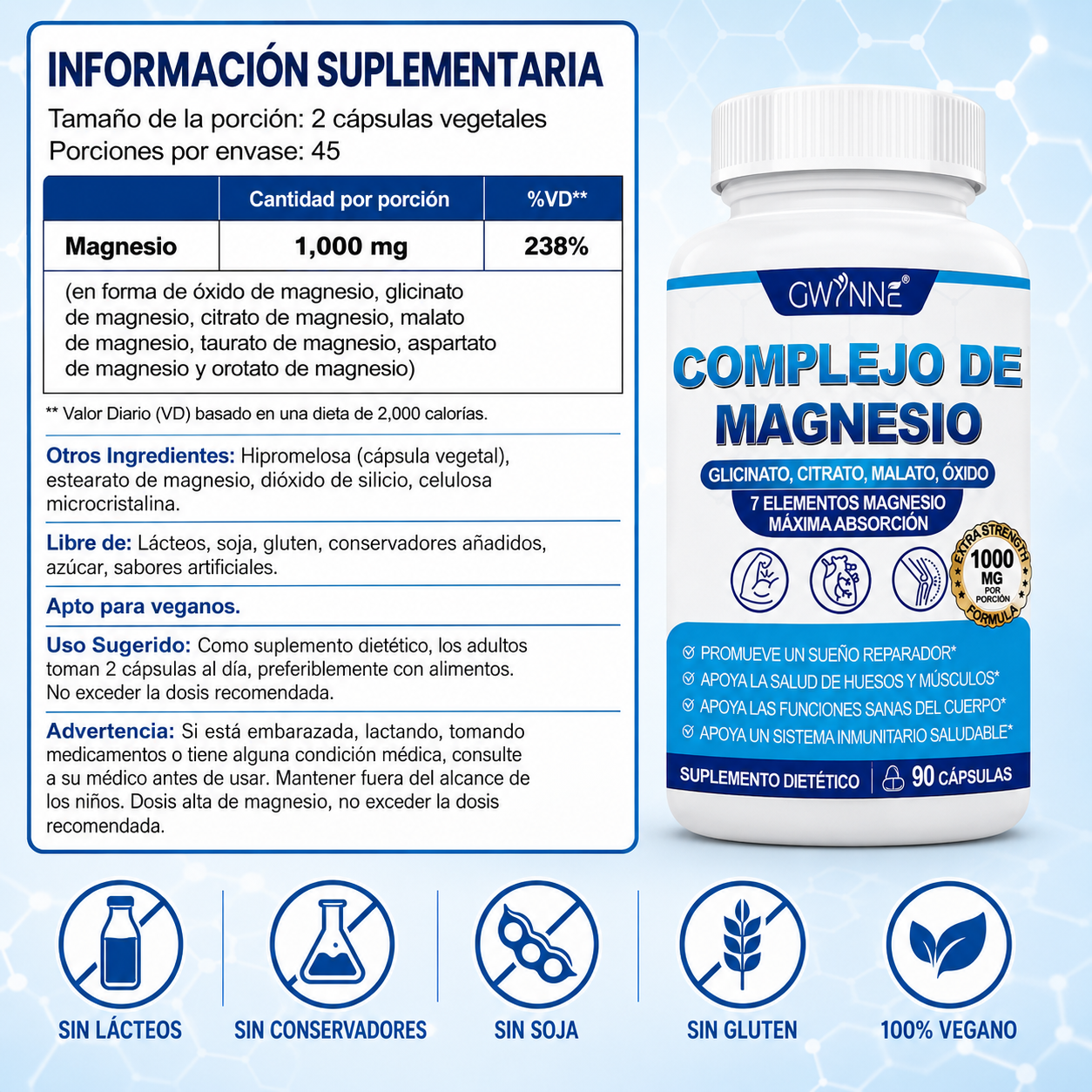 Gwynne Suplemento Complejo De Magnesio 7 Elemental 1000mg - Glicinato,citrato,malato,taurato De Magnesio, Quelatado Para Fácil Absorción Para Huesos,músculos,recuperación,energía,90 Cápsulas