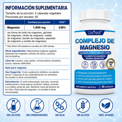 Gwynne Suplemento Complejo De Magnesio 7 Elemental 1000mg - Glicinato,citrato,malato,taurato De Magnesio, Quelatado Para Fácil Absorción Para Huesos,músculos,recuperación,energía,90 Cápsulas