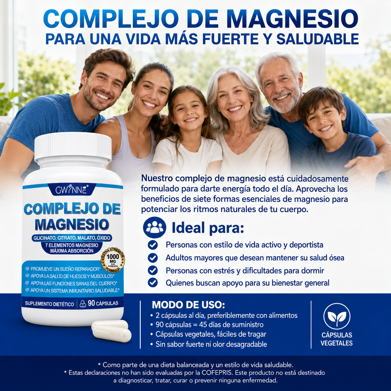 Gwynne Suplemento Complejo De Magnesio 7 Elemental 1000mg - Glicinato,citrato,malato,taurato De Magnesio, Quelatado Para Fácil Absorción Para Huesos,músculos,recuperación,energía,90 Cápsulas