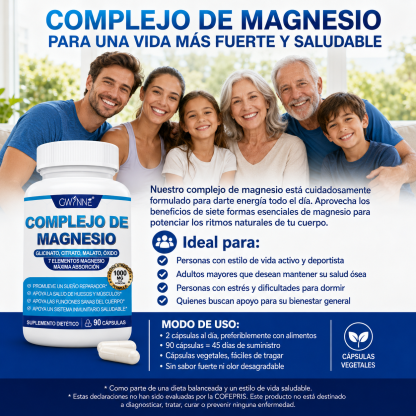 Gwynne Suplemento Complejo De Magnesio 7 Elemental 1000mg - Glicinato,citrato,malato,taurato De Magnesio, Quelatado Para Fácil Absorción Para Huesos,músculos,recuperación,energía,90 Cápsulas