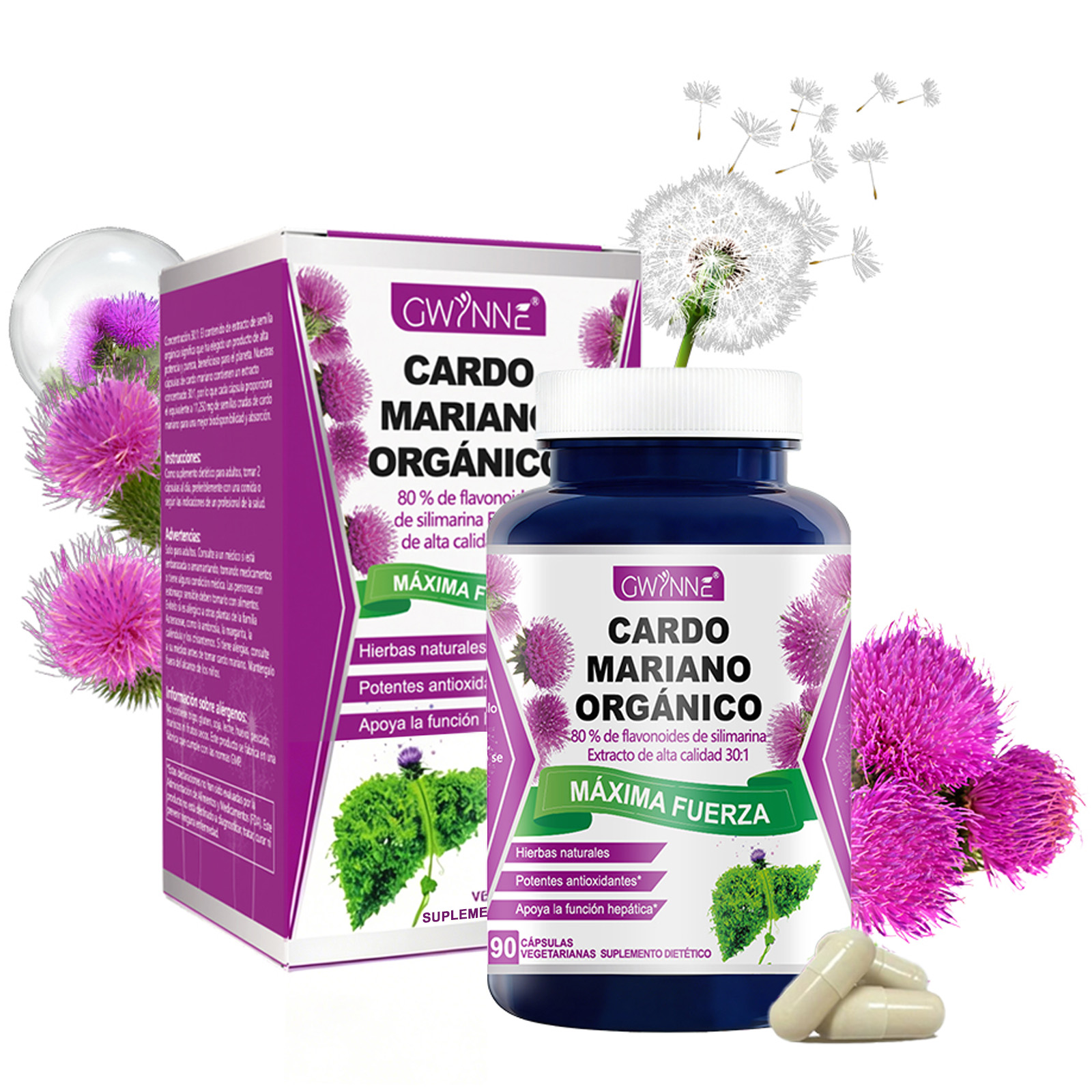 Gwynne Cardo Mariano Orgánico Cápsulas,silymarin Milk Thistle 30:1 Extracto,apoyo A La Desintoxicación Y Reparación Del Hígado,apoyo A Los Antioxidantes,muscular Y Óseo,90 Cápsulas
