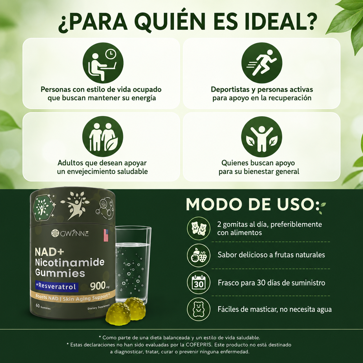 Gwynne Nicotinamida Ribosida Liposomal Con Resveratrol Y Quercetina Suplementos Nad Alta Pureza 900mg Contiene vitamina K2, D3 y quercetina 60 Gominolas