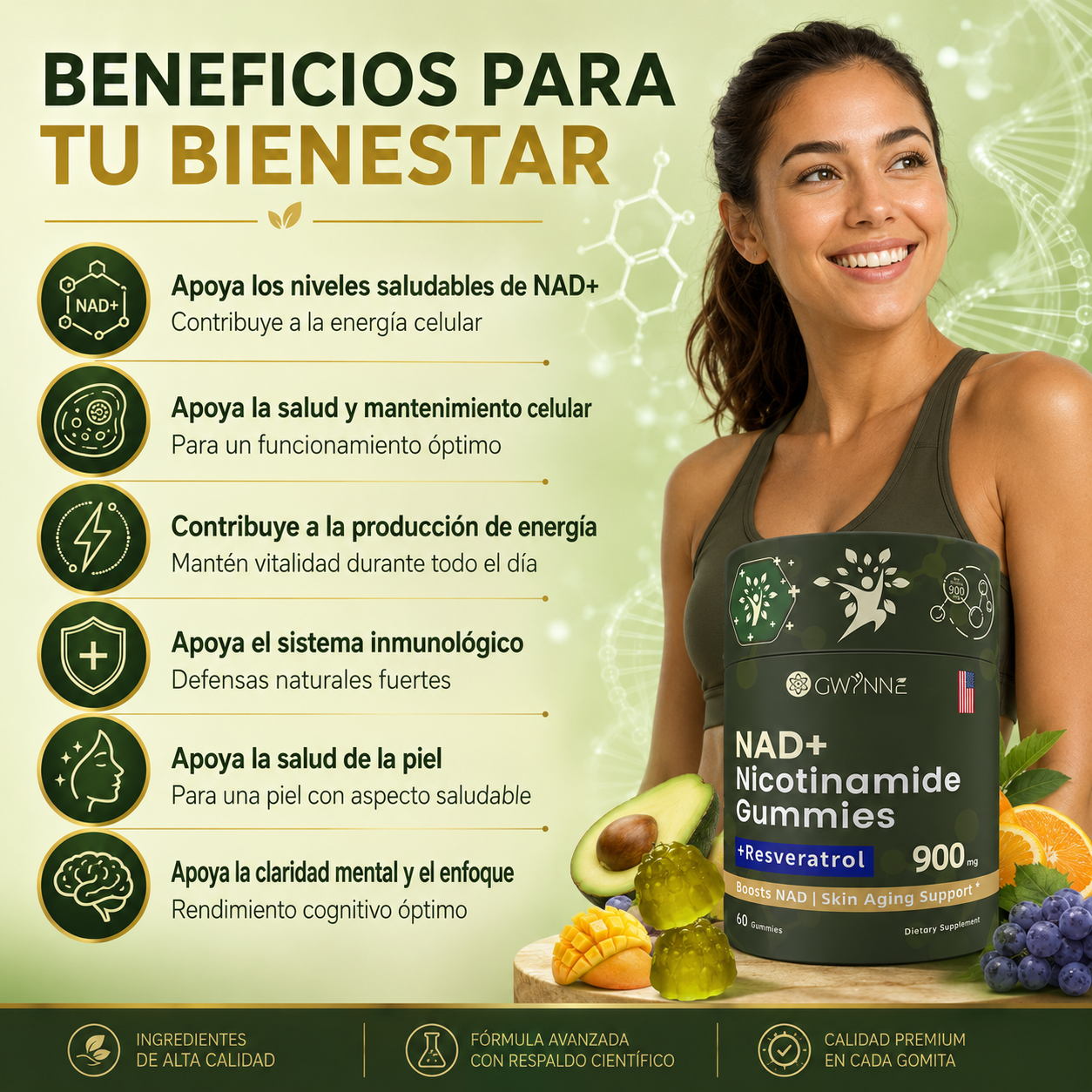 Gwynne Nicotinamida Ribosida Liposomal Con Resveratrol Y Quercetina Suplementos Nad Alta Pureza 900mg Contiene vitamina K2, D3 y quercetina 60 Gominolas