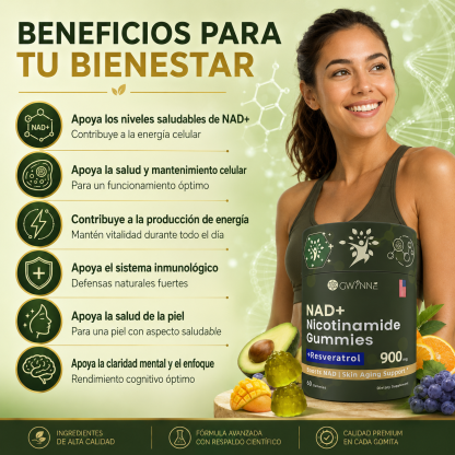 Gwynne Nicotinamida Ribosida Liposomal Con Resveratrol Y Quercetina Suplementos Nad Alta Pureza 900mg Contiene vitamina K2, D3 y quercetina 60 Gominolas