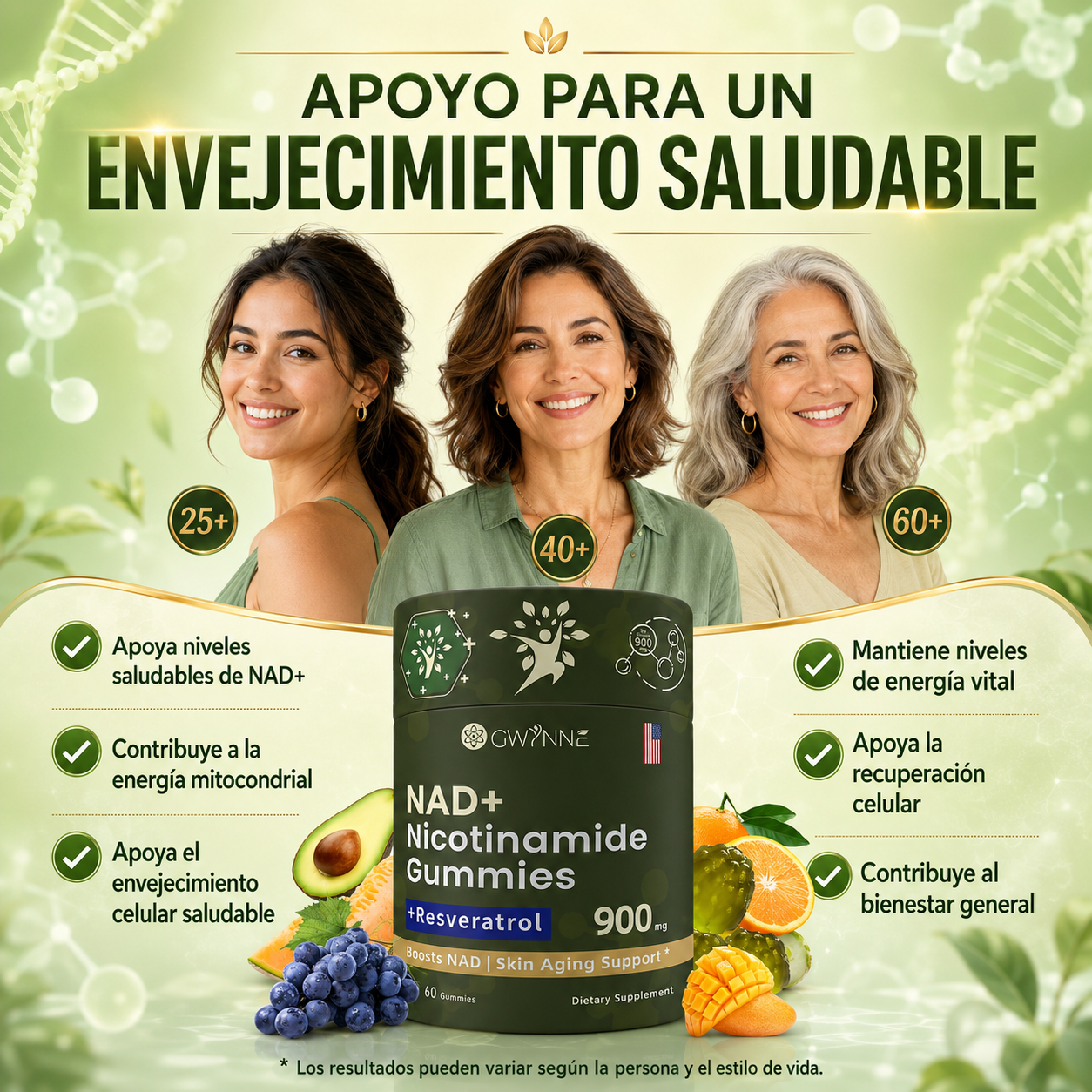 Gwynne Nicotinamida Ribosida Liposomal Con Resveratrol Y Quercetina Suplementos Nad Alta Pureza 900mg Contiene vitamina K2, D3 y quercetina 60 Gominolas
