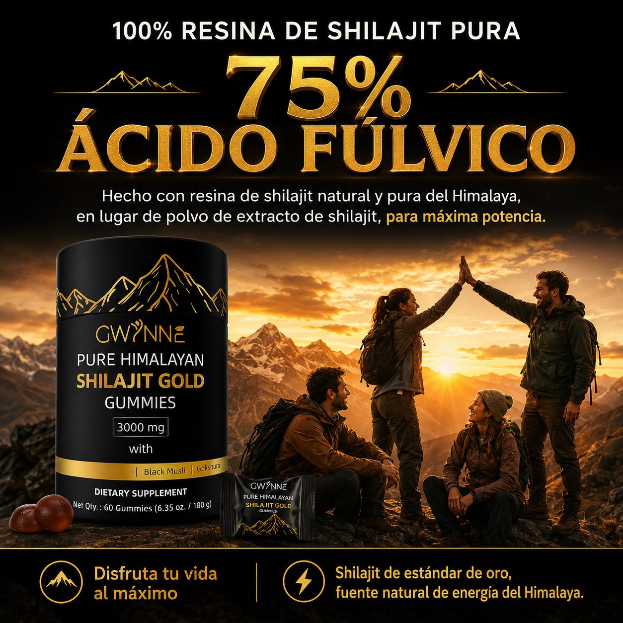 Gwynne Shilajit Gummies Puro Del Himalaya 85 Micronutrientes 3000mg Apto Para Hombres Y Mujeres 100% Natural Orgánico 60 Gommies