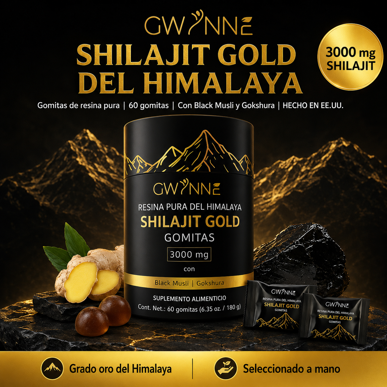 Gwynne Shilajit Gummies Puro Del Himalaya 85 Micronutrientes 3000mg Apto Para Hombres Y Mujeres 100% Natural Orgánico 60 Gommies