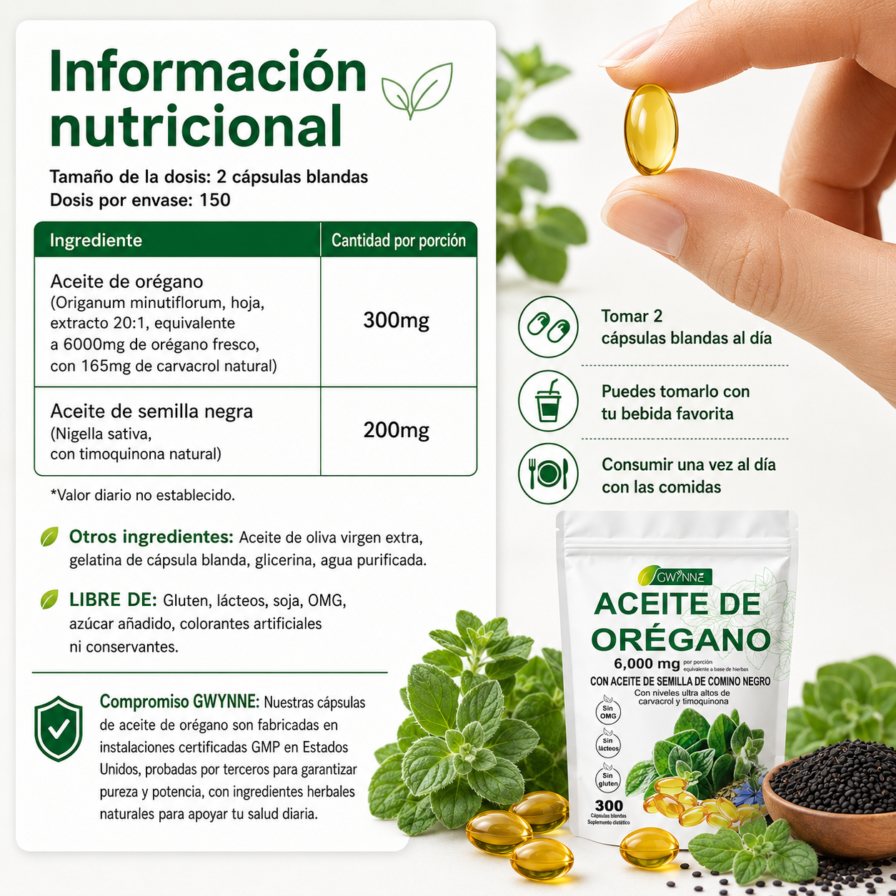 Gwynne Micro Ingredients Aceite De Orégano Cápsulas Oil Of Oregano Blandas 6000mg Por Dosis 300 Cápsulas