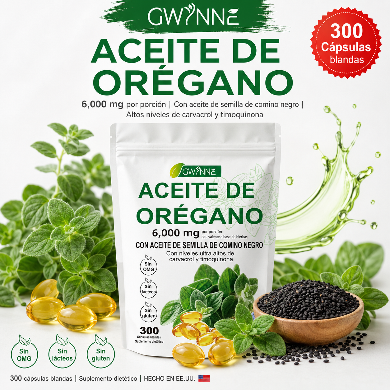 Gwynne Micro Ingredients Aceite De Orégano Cápsulas Oil Of Oregano Blandas 6000mg Por Dosis 300 Cápsulas