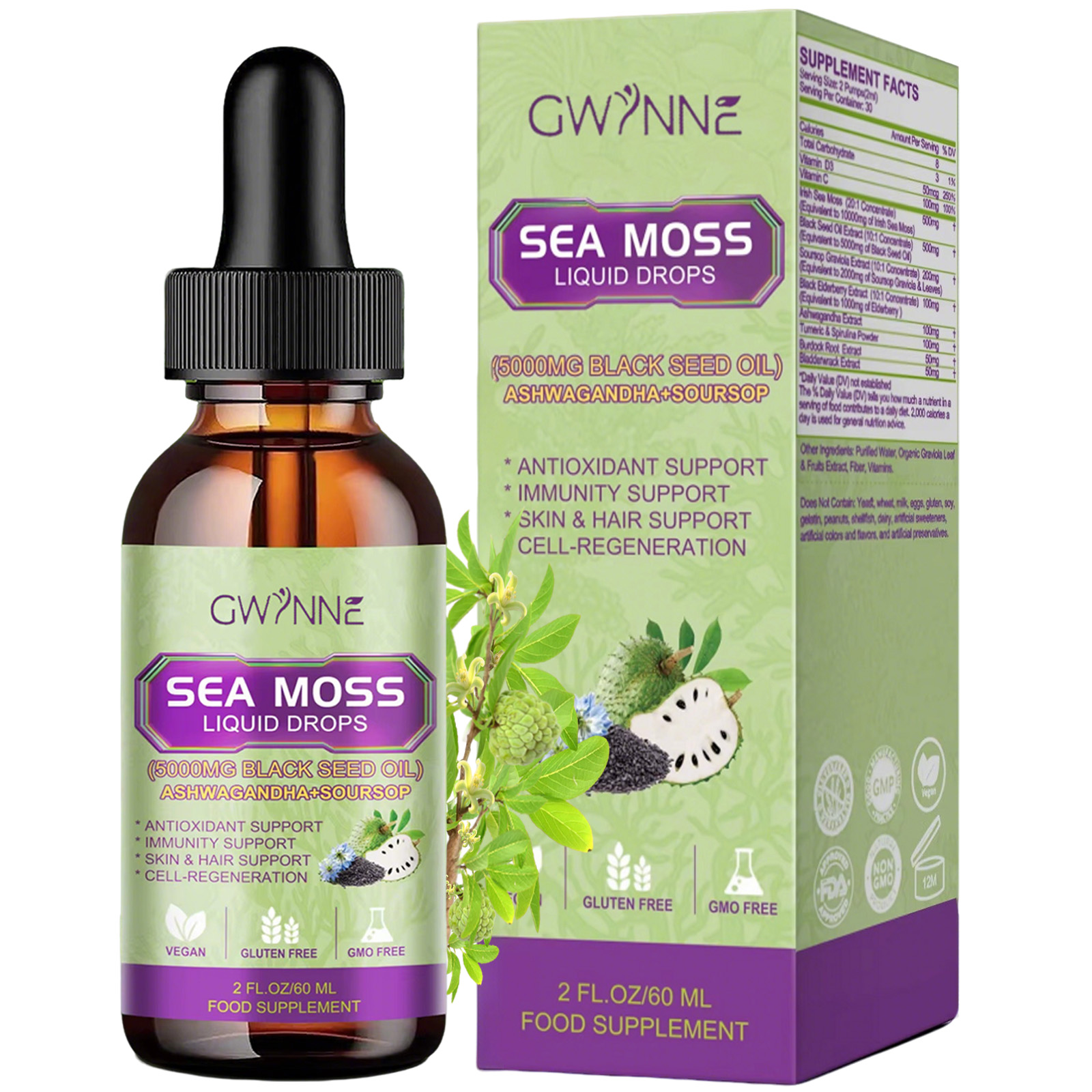 Gwynne Gotas Líquidas De Musgo Marino 5000mg 60ml - Irish Sea Moss Black Seed,suplemento Multimineral De Musgo Marino Apoyo Antioxidante, Inmunitario, Salud Intestinal