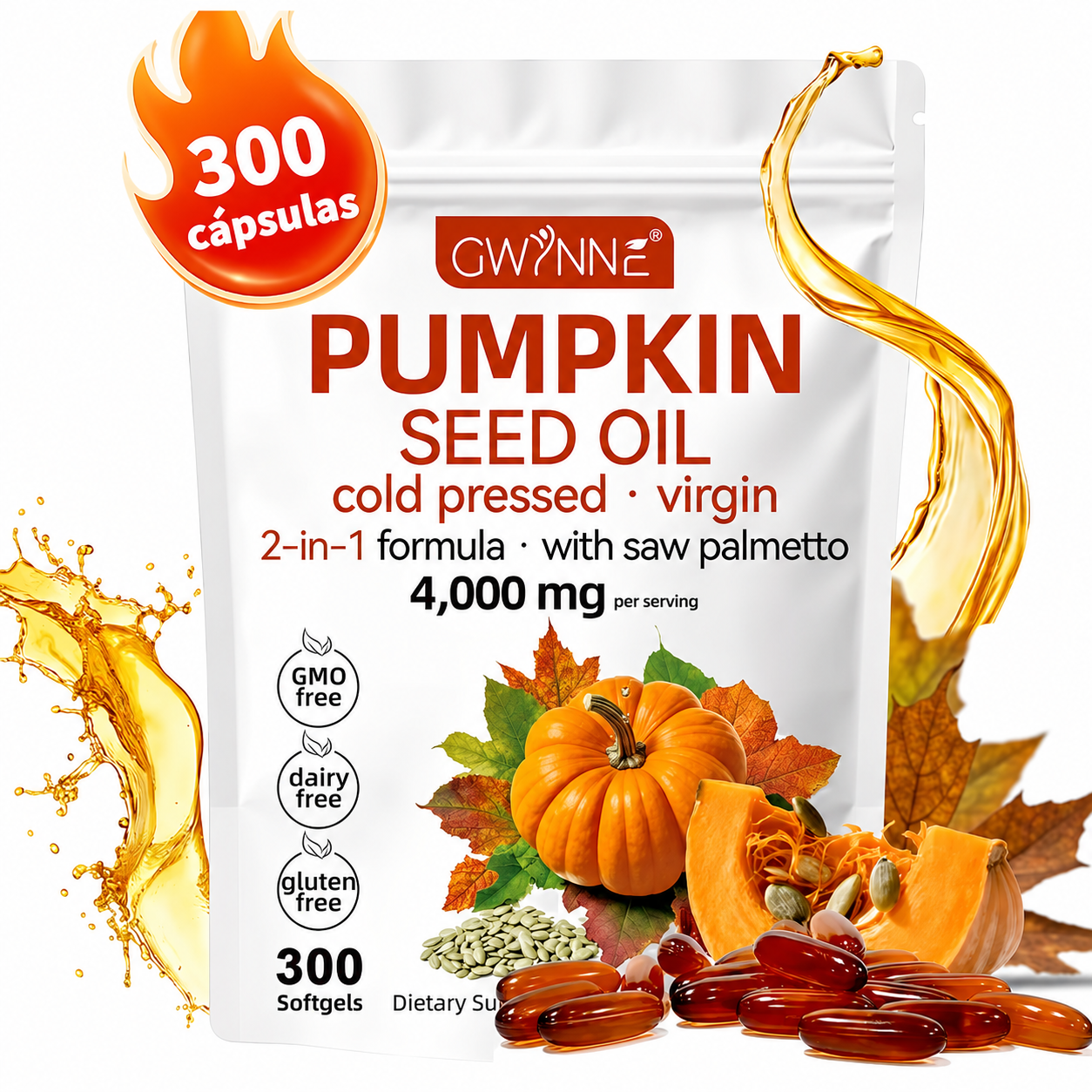 Gwynne 4000mg Cápsulas De Aceite De Semilla De Calabaza,cold Pressed,pure Virgin Oil,apoyar La Salud Del Cabello,el Sistema Urinario Y La Próstata,rico En Ácidos Grasos Y Phytosterols 300cápsulas