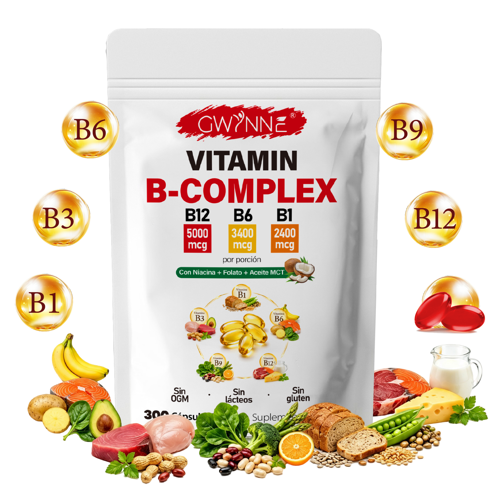 GWYNNE Vitamina B12,b6 Y B1 Cápsulas,contiene Nicotinamida Y Ácido Fólico,Contribuye al funcionamiento normal neural, cardiovascular y cutáneo,300 Cápsulas