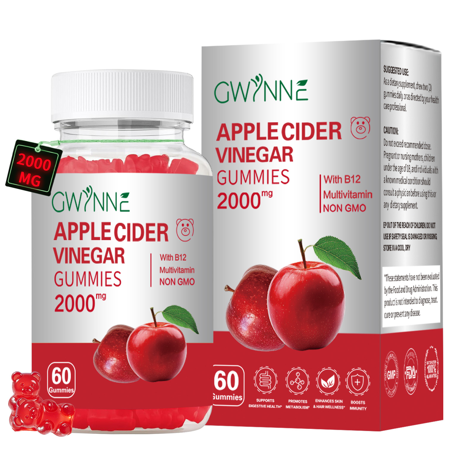 Gominolas Vinagre de manzana,Potencia Máxima 2000mg Contiene Vitaminas B12, B6, Ácido Fólico Y Probióticos Para La Salud Metabólica, Intestinal, Cutánea E Inmunológica,peso 60 gomitas
