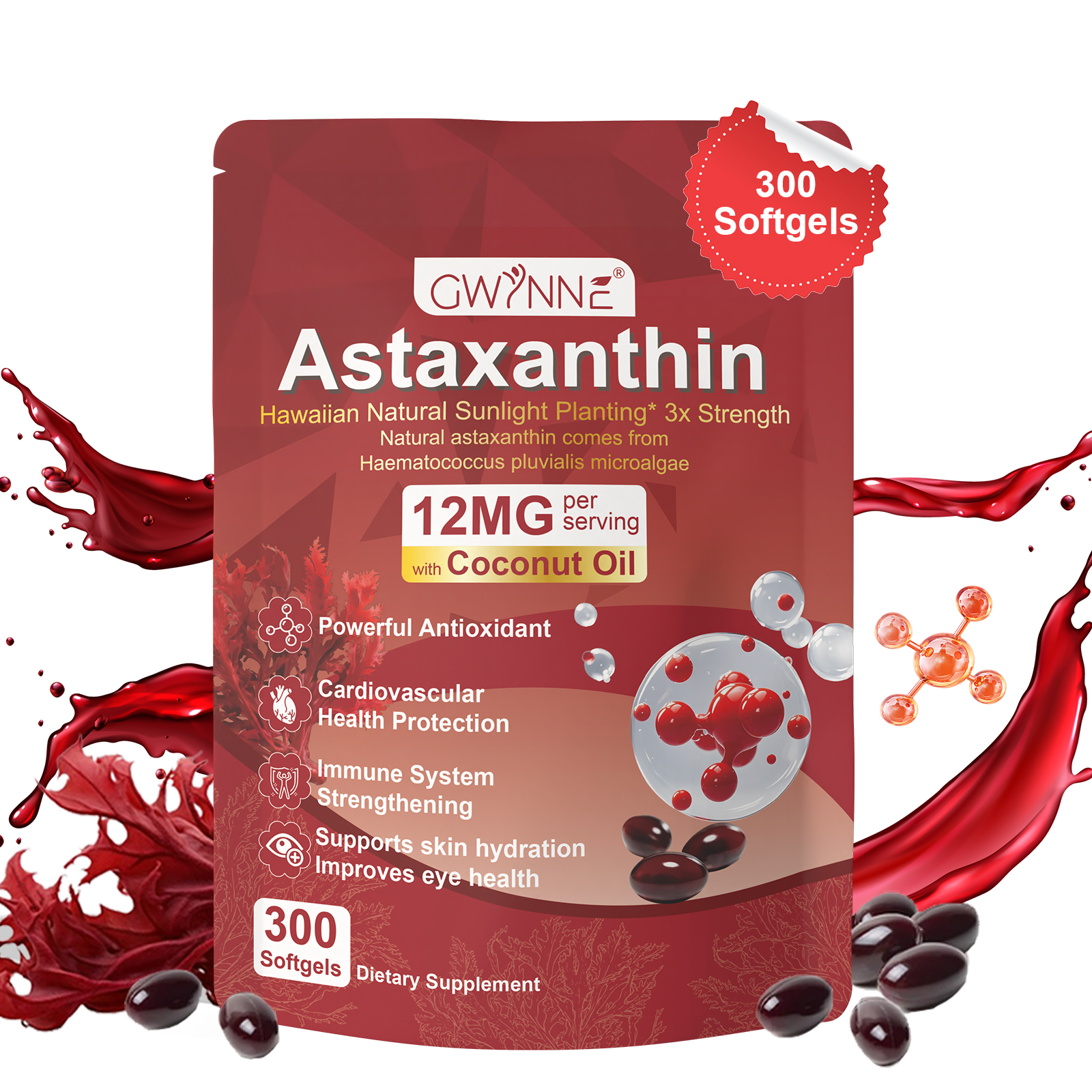 Gwynne Astaxantina 12 Mg 300 Cápsulas Blandas Antioxidante,astaxantina Antioxidant From Fresh Haematococcus Pluvialis,apoya La Salud Ocular, Articular Y Cutánea