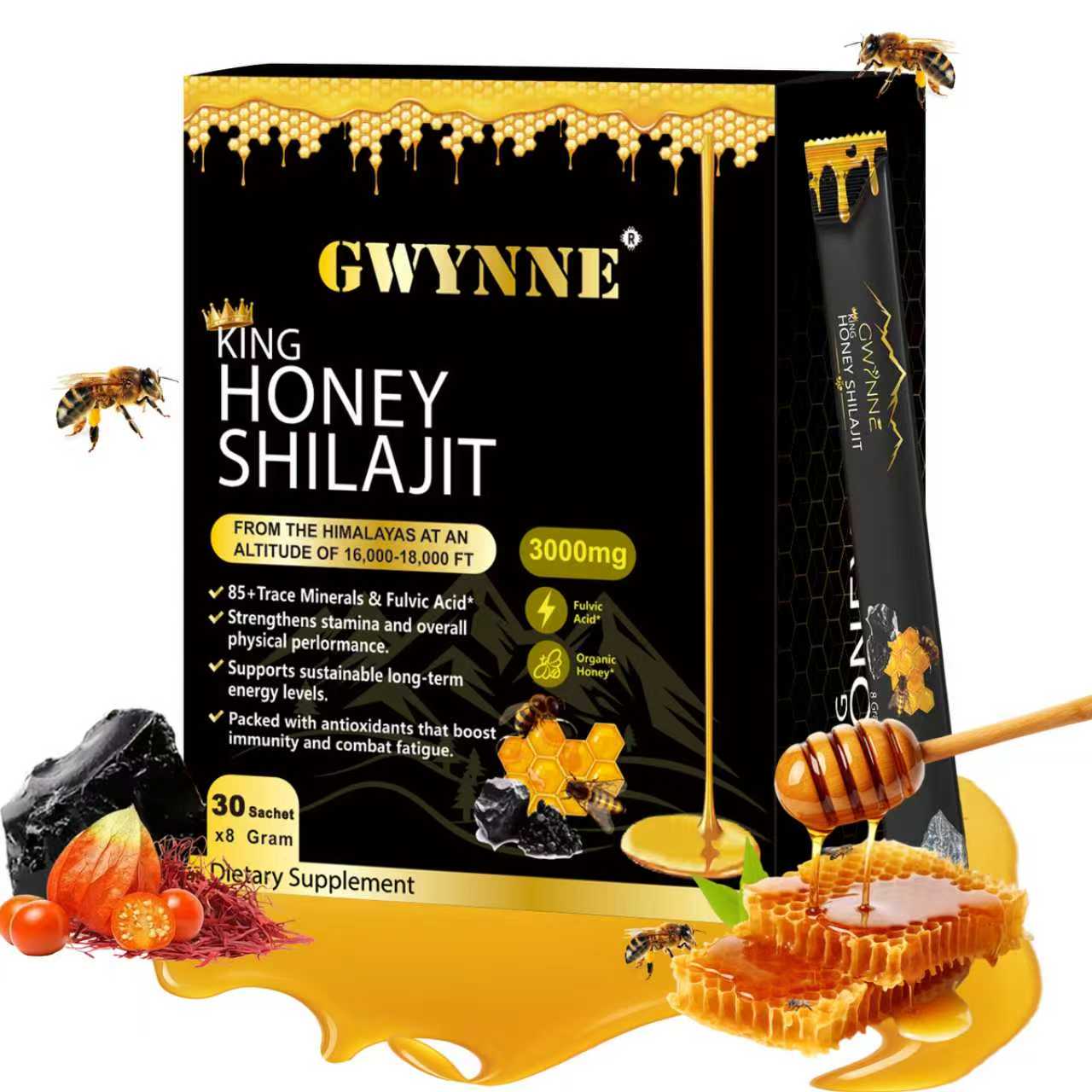 Gwynne Shilajit Honey Sticks Suplementos 30 Sticks Puro Del 3000mg Himalaya 85 Micronutrientes Apto Para Hombres Y Mujeres 100% Natural Orgánico