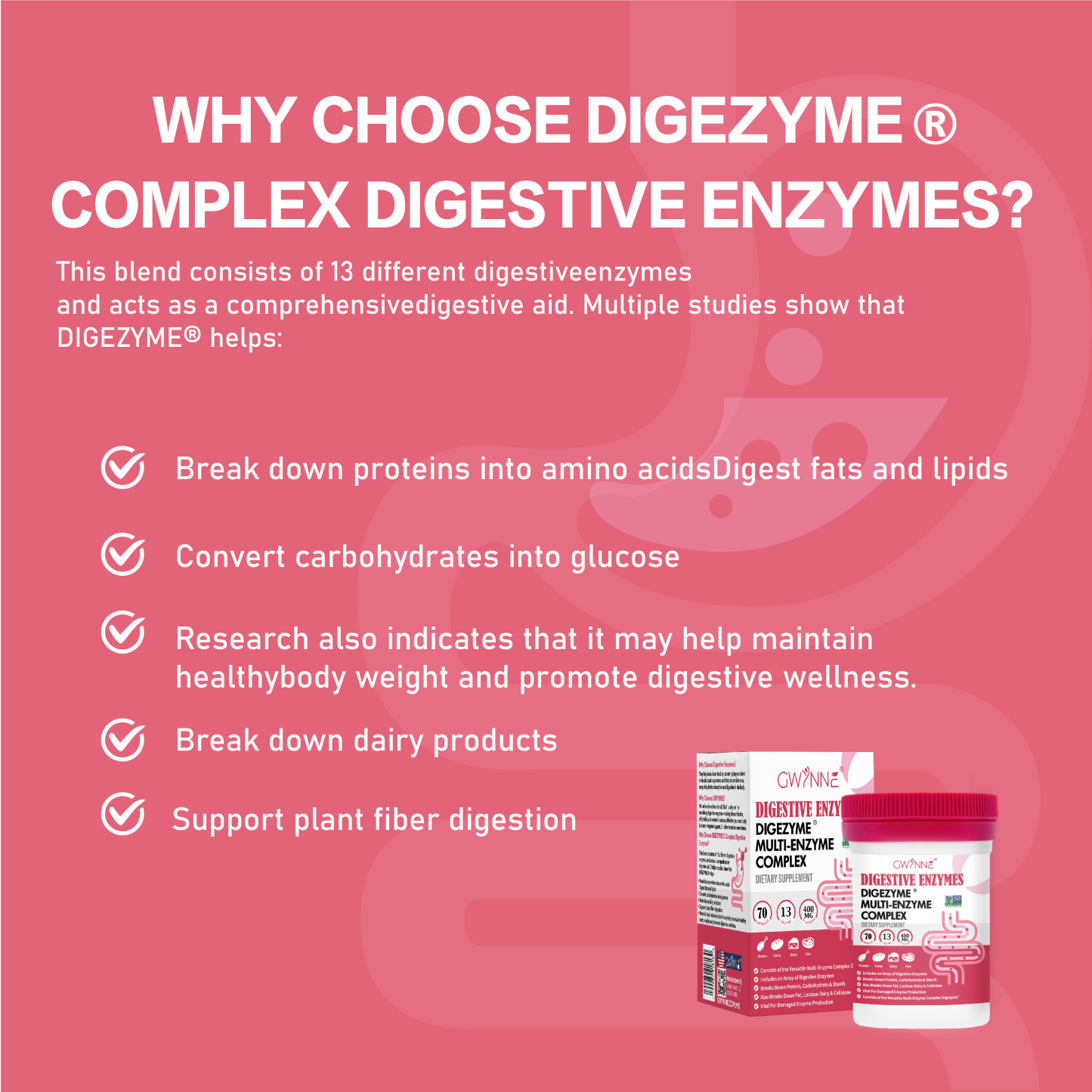 GWYNNE Enzimas Digestivas 70 Cápsula- 13 DigeZyme® 400mg Para Salud Digestiva Y Salud Intestinal - Alivio De Incomforto Y Hinchazón