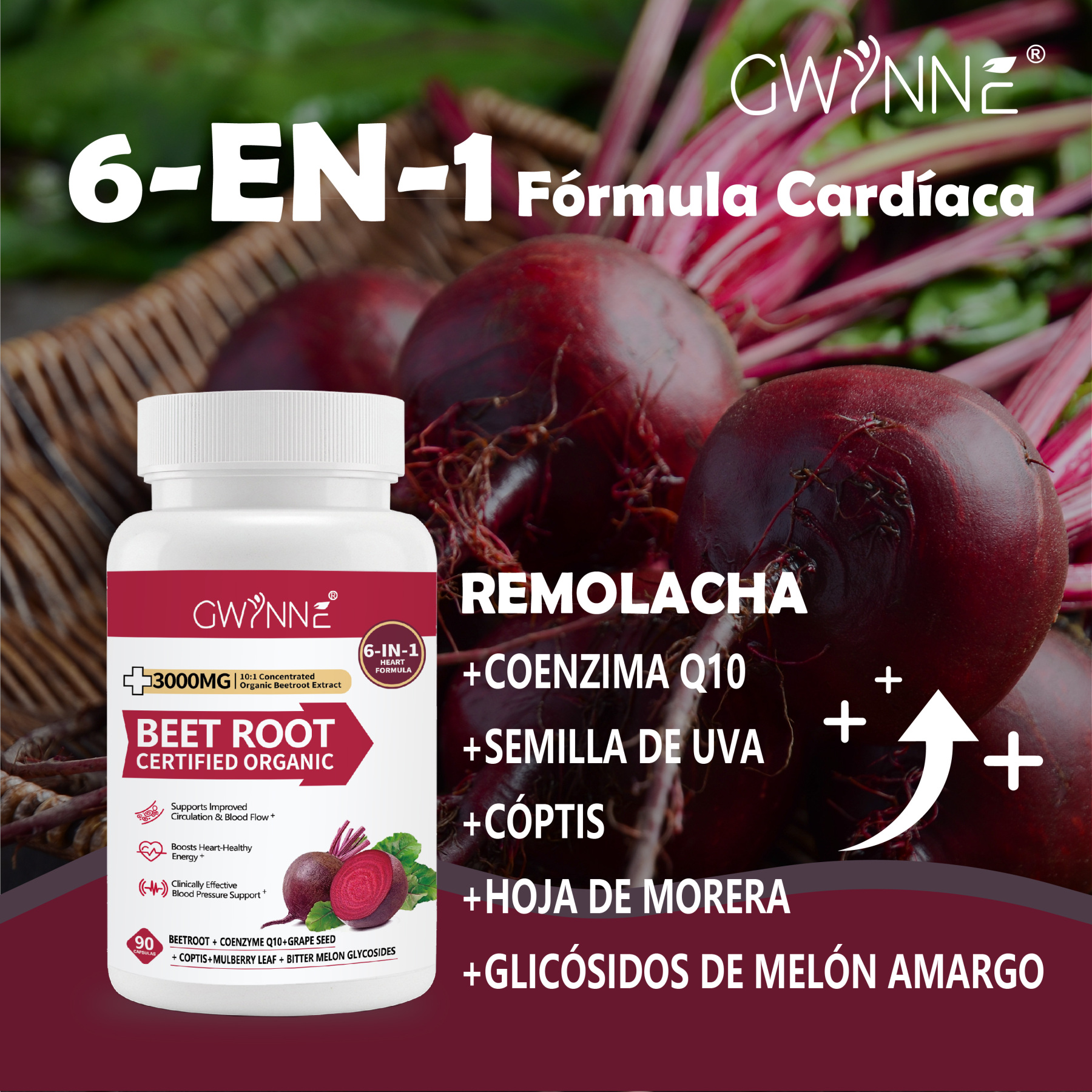 Gwynne Organic Beet Root Capsules 3000mg 90 Cápsulas Con Coq10,remolacha En Polvo Soporta Lmproved Circulación Y Flujo Sanguíneo,proporcionar Soporte Cardíaco Y De Presión Arterial